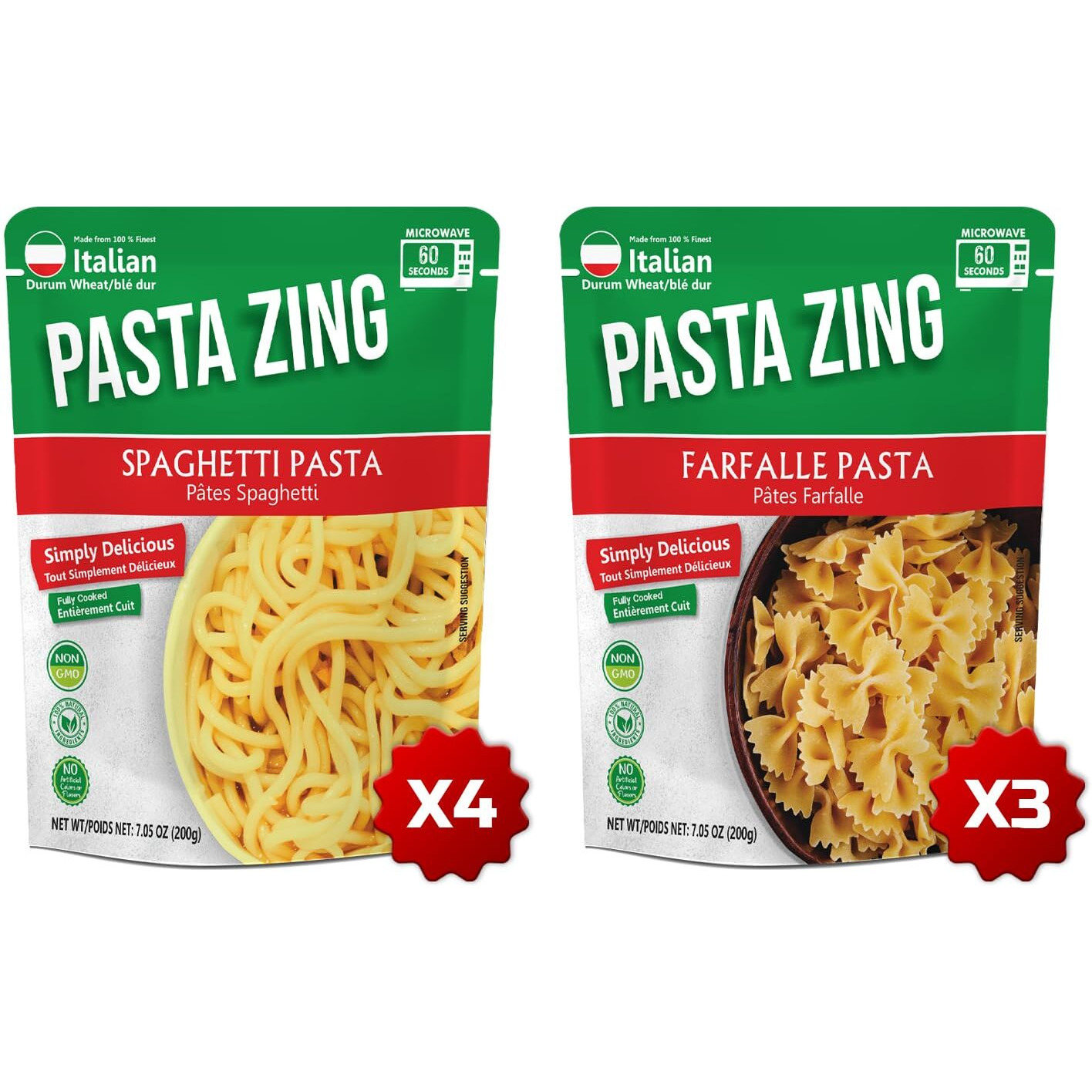 Pasta Zing Microwavable Variety Pasta Pack Of 7 | 3X Farfalle | 4X Spaghetti | Microwave Pasta Ready To Eat In 60 Sec - Fully Cooked -100% Durum Wheat 7.05 Ounce