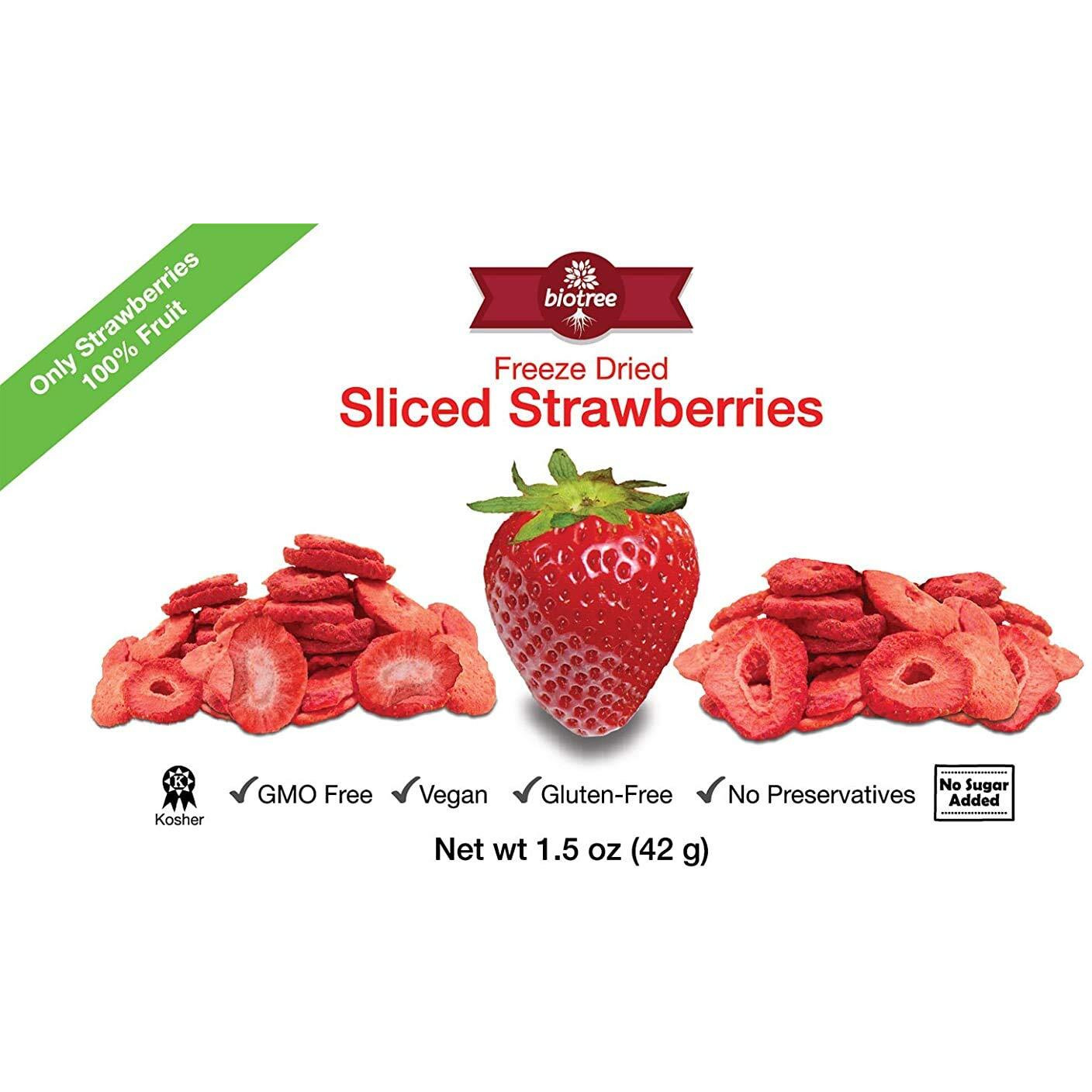 Biotree Labs Freeze Dried Sliced Strawberries - Pack Of 1.5 Oz, 100% Natural Sliced Fruit, Great For Healthy Snacks, Cereal Toppers, Cupcakes, Smoothies Or Trail Mix | No Added Sugar Or Preservatives