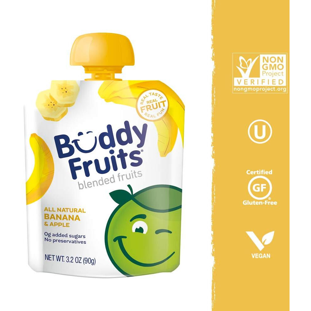 Buddy Fruits Snacks To Go Banana Unsweetened Applesauce 3.2Oz Pouch (18Pk) Gluten-Nut-Dairy-Preservatives-Bpa Free, Non Gmo, Kosher