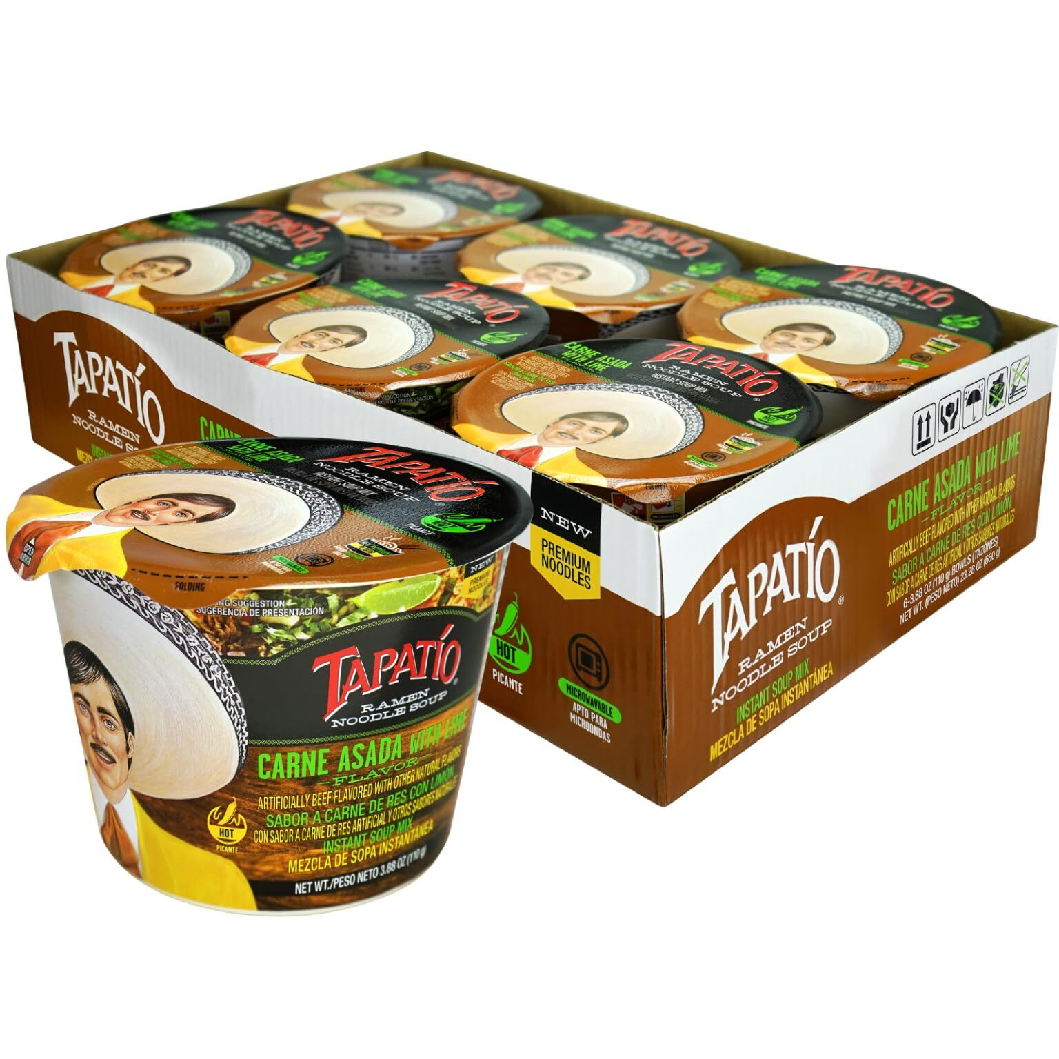 Tapatio Ramen Noodle Soup - Big Bowl - Carne Asada With Lime Flavor, 3.88 Oz (Bulk Case Of 6)