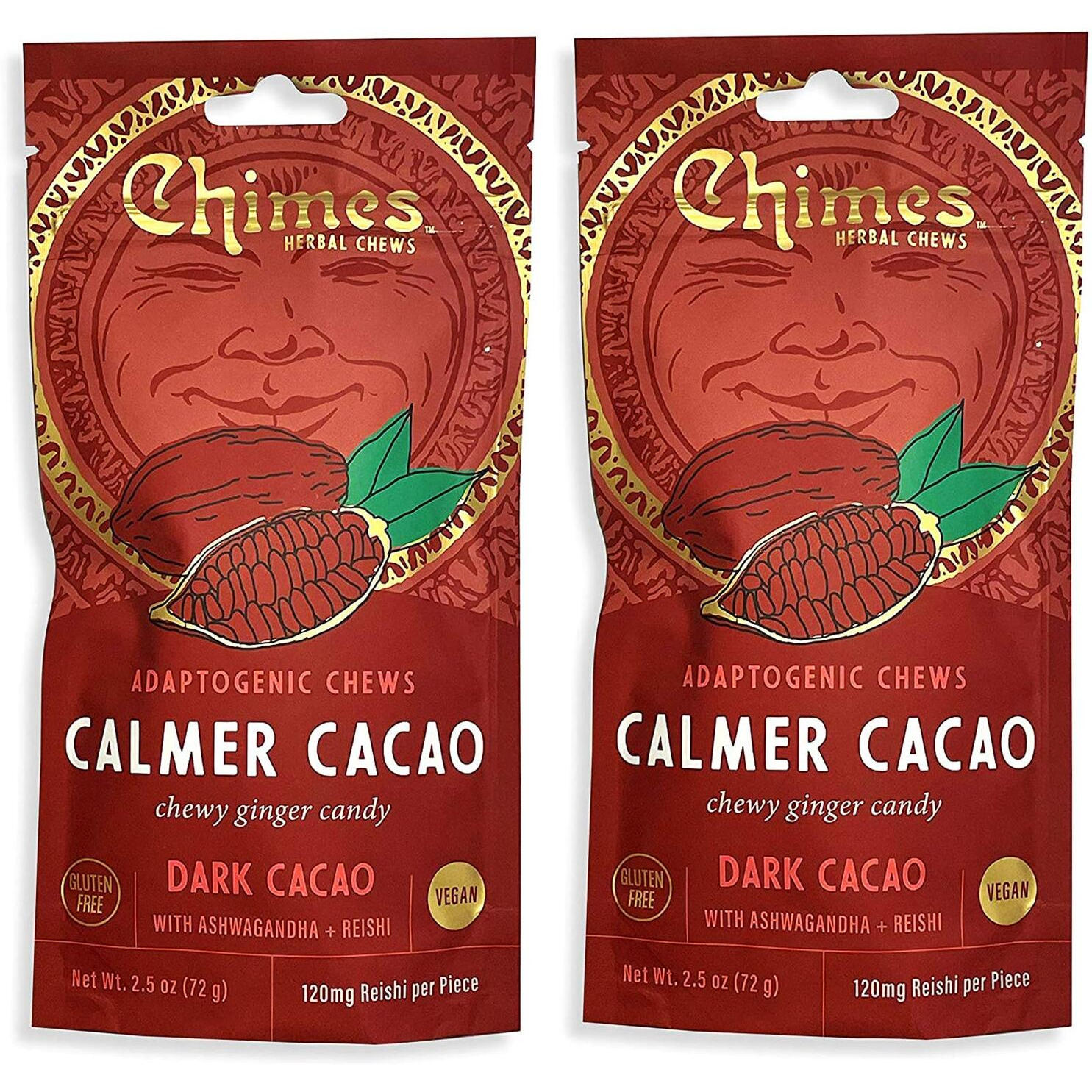 Chimes Calmer Cacao Adaptogen Ginger Chews Candy - (2 Pack With Ashwagandha, Reishi And Dark Cacao With Theobromine) Vegan, Gluten Free