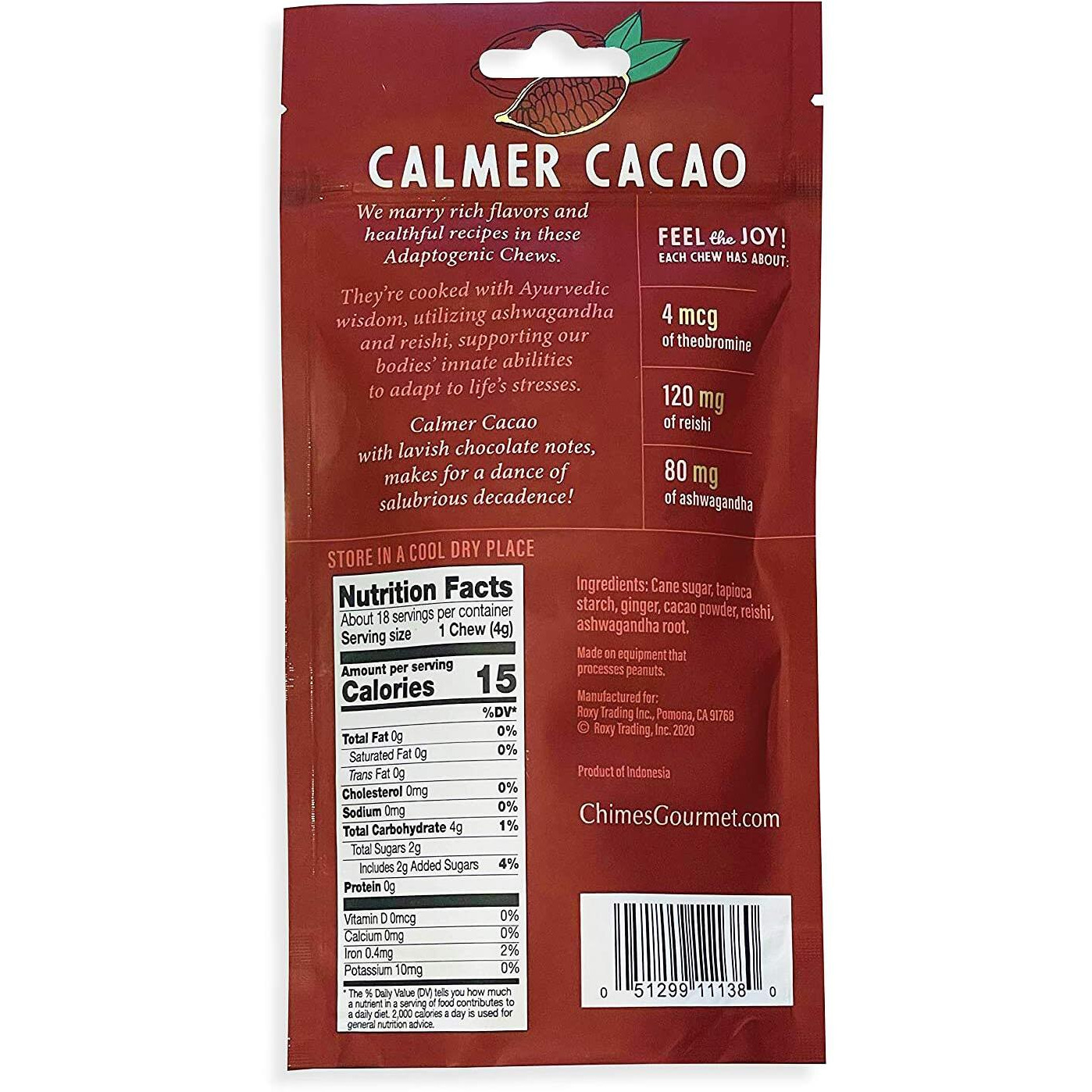 Chimes Calmer Cacao Adaptogen Ginger Chews Candy - (2 Pack With Ashwagandha, Reishi And Dark Cacao With Theobromine) Vegan, Gluten Free