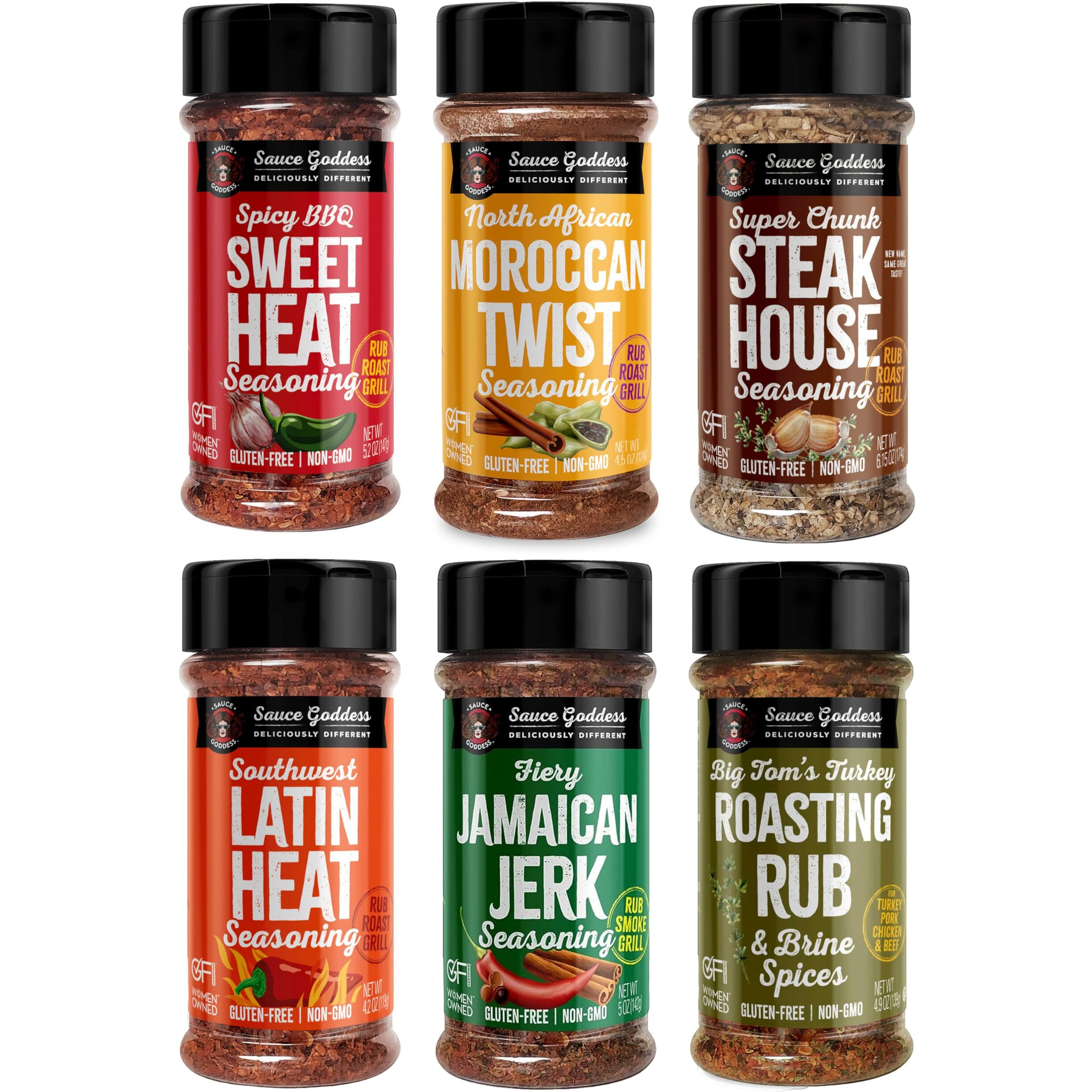 Sauce Goddess Spice 6 Pack Sampler - Seasonings And Spices For Cooking Gift Set. No Additives, Non Gmo & No Flavorings. Certified Gluten-Free Shaker Set - 6 Pcs Spices And Seasonings