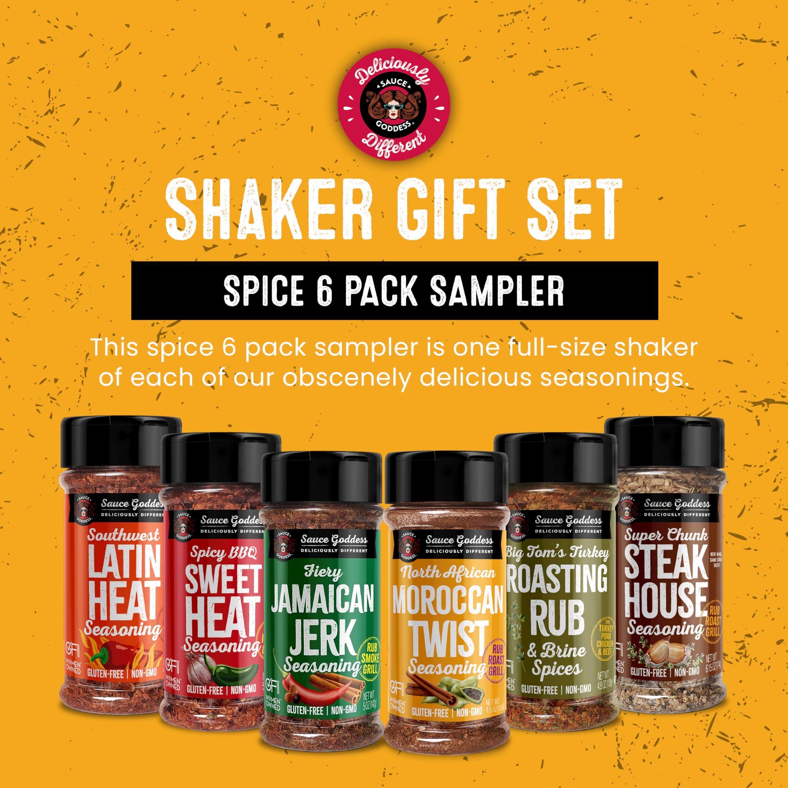 Sauce Goddess Spice 6 Pack Sampler - Seasonings And Spices For Cooking Gift Set. No Additives, Non Gmo & No Flavorings. Certified Gluten-Free Shaker Set - 6 Pcs Spices And Seasonings