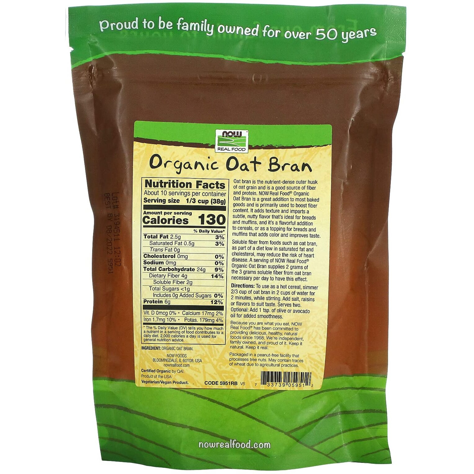 Now Foods Natural Oat Bran - 14 Oz