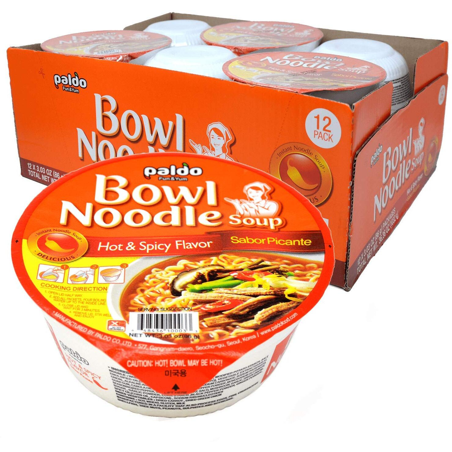 Paldo Fun & Yum Hot & Spicy Instant Cup Noodle Soup Bowl, Pack Of 12, Best Oriental Style Korean Ramyun, Most Loved Korean Noodles,    86G (3.04 Oz) X 12