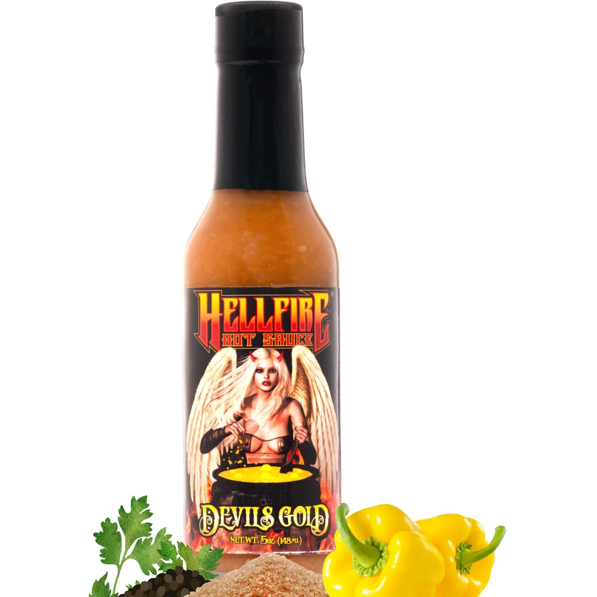 Hellfire Devil's Gold Hot Sauce, Multi Award-Winning, Gourmet Fruit-Based Hot Sauce, Features Yellow Super Hot Peppers And Exotic Fruits, Amazing Sweet Heat, 5 Oz.