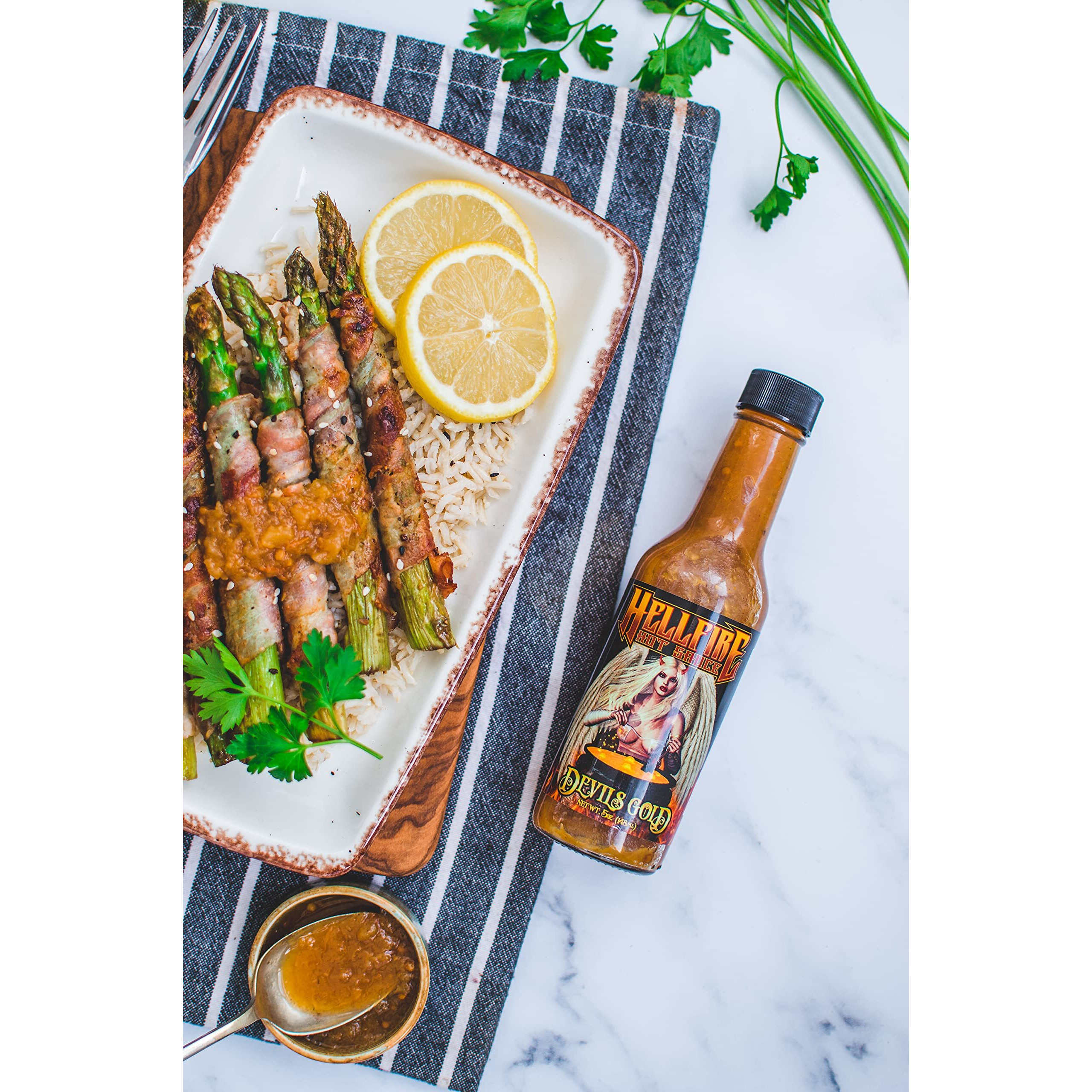 Hellfire Devil's Gold Hot Sauce, Multi Award-Winning, Gourmet Fruit-Based Hot Sauce, Features Yellow Super Hot Peppers And Exotic Fruits, Amazing Sweet Heat, 5 Oz.