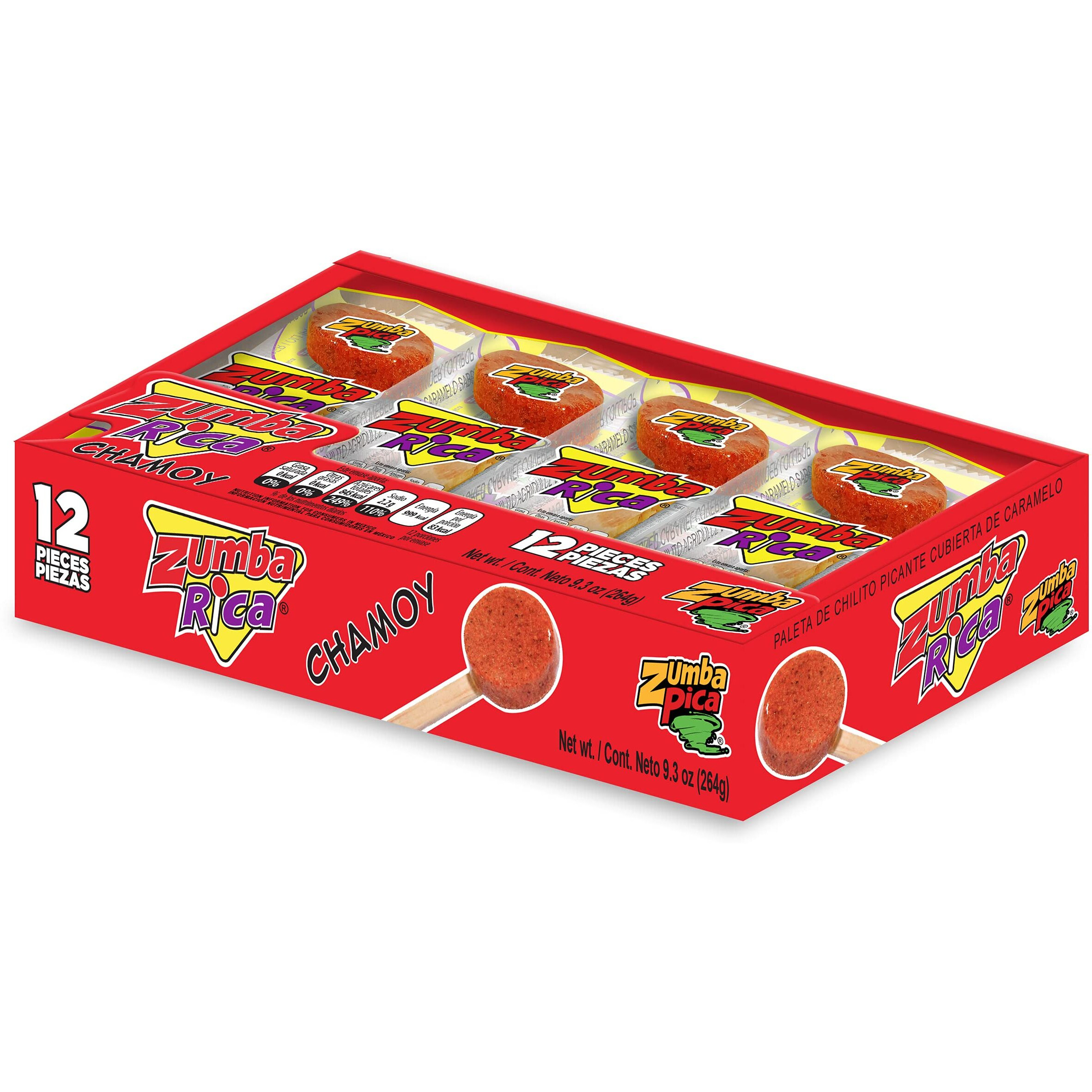 Zumba Rica Chamoy Chili Powder Lollipop 12Pcs - Chamoy Lollipops With Chili Powder Cover With Caramel - Mexican Lollipop - Chamoy Candy - Mexican Suckers With Chili Powder - Mexican Candy