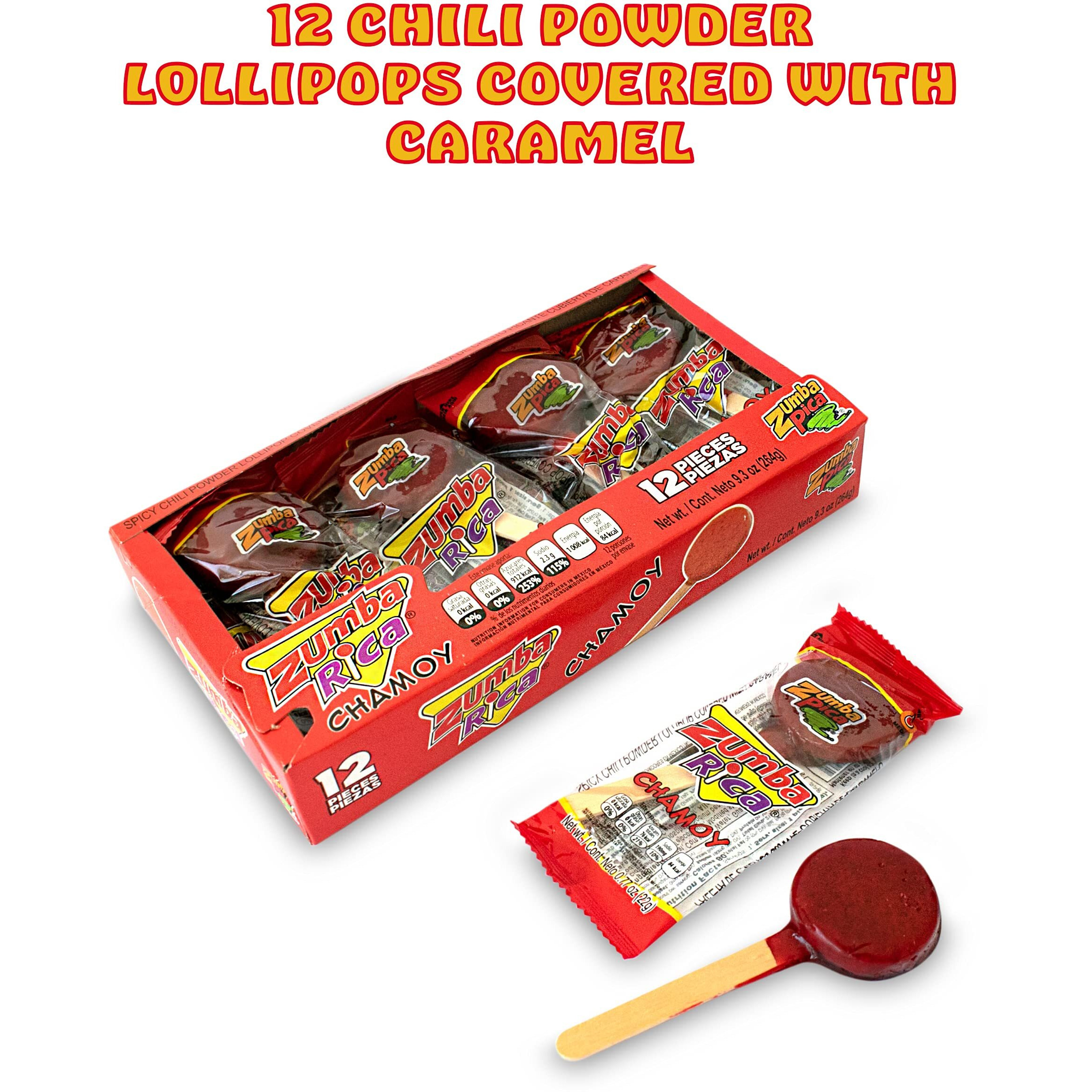 Zumba Rica Chamoy Chili Powder Lollipop 12Pcs - Chamoy Lollipops With Chili Powder Cover With Caramel - Mexican Lollipop - Chamoy Candy - Mexican Suckers With Chili Powder - Mexican Candy