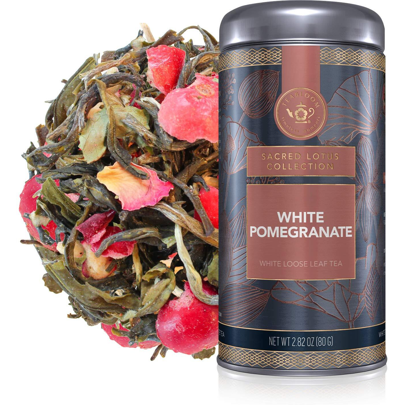 Teabloom White Pomegranate Loose Leaf Tea, Distinctive And Delicate White Tea, Certified Kosher, Fresh Whole Leaf Tea In Reusable Gift Canister, 2.46 Oz/70 G Canister Makes 35-50 Cups