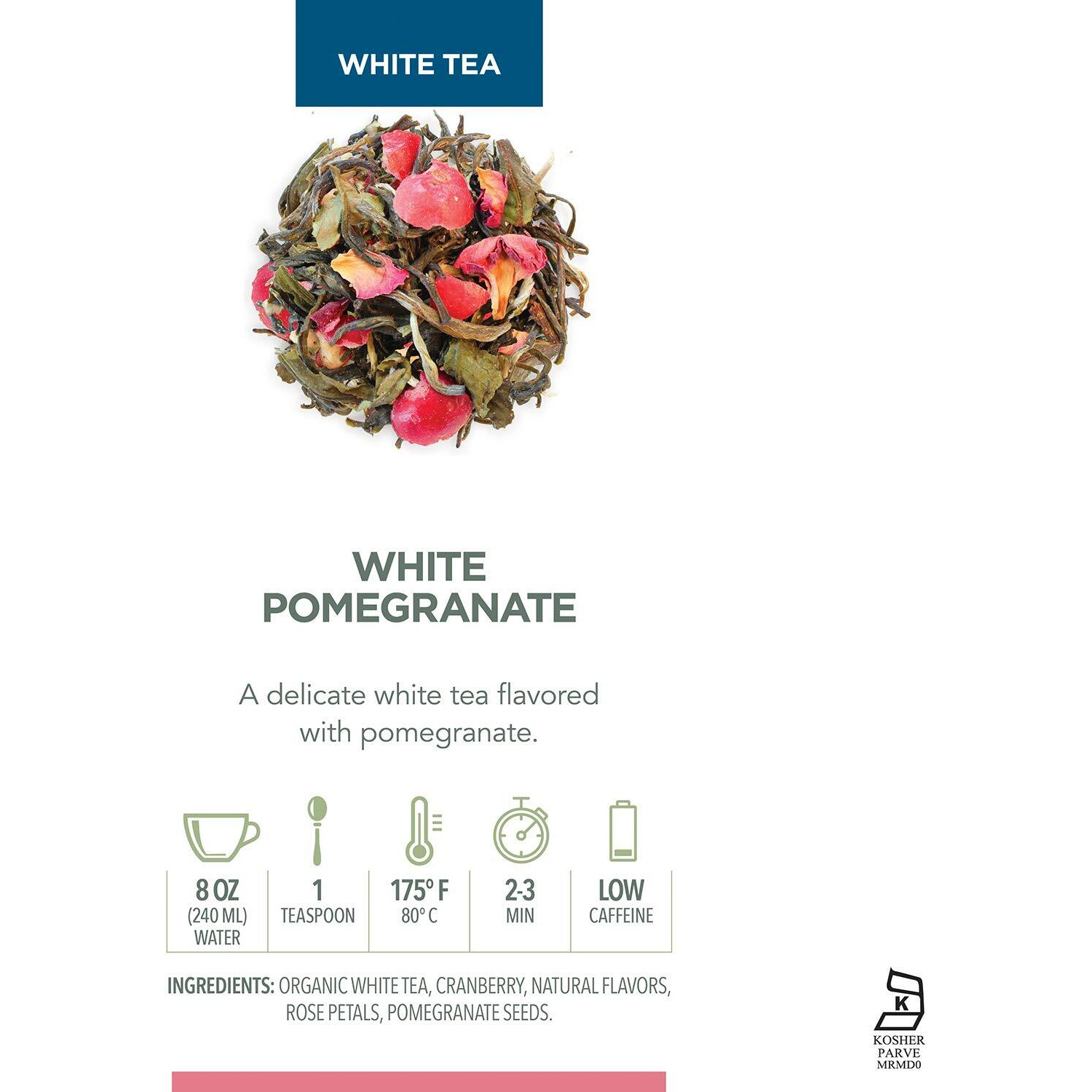 Teabloom White Pomegranate Loose Leaf Tea, Distinctive And Delicate White Tea, Certified Kosher, Fresh Whole Leaf Tea In Reusable Gift Canister, 2.46 Oz/70 G Canister Makes 35-50 Cups