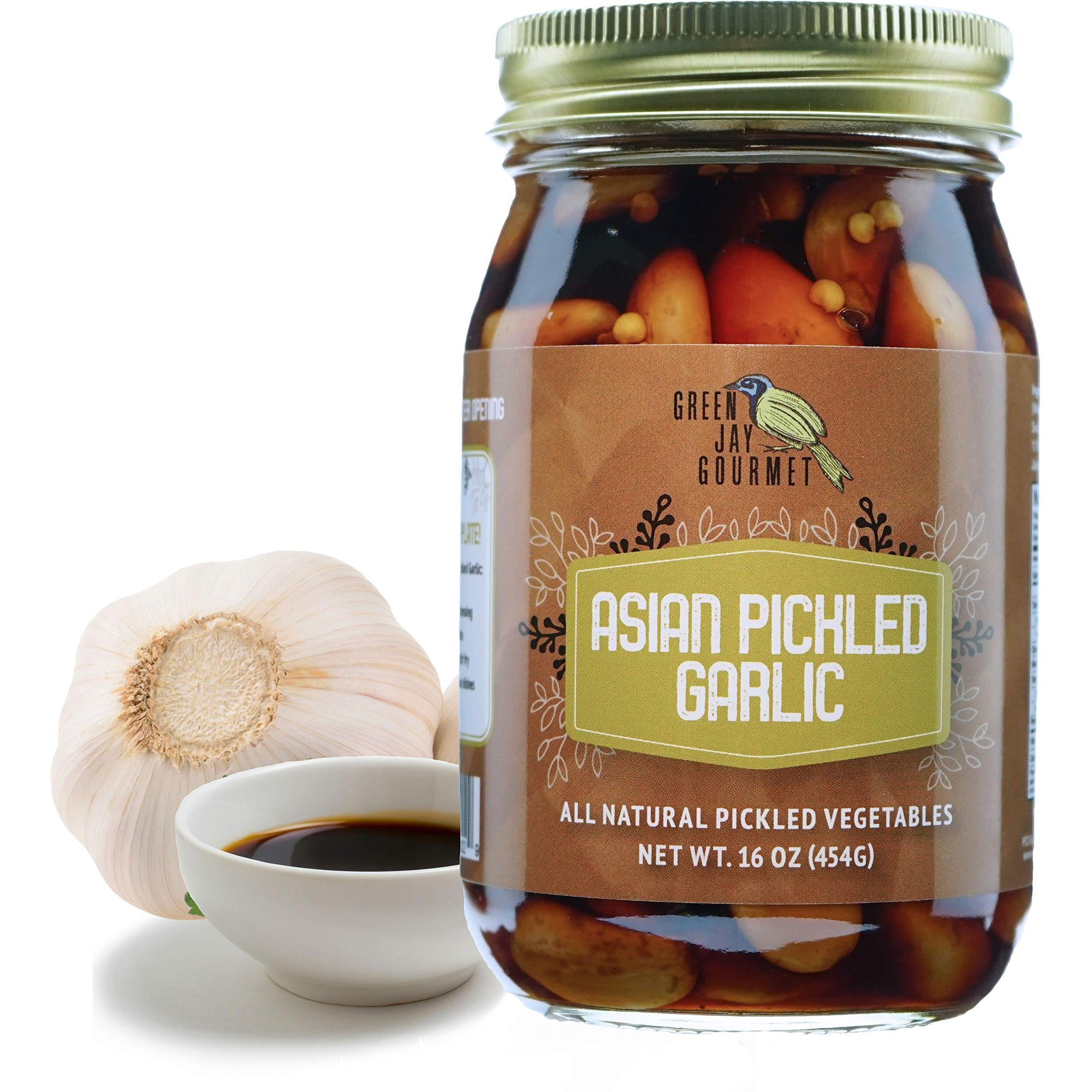 Green Jay Gourmet Pickled Garlic Cloves In A Jar - Asian Pickled Garlic - Fresh Garlic Bulbs For Cooking - Natural Ingredients - Freshly Made - Subtly Infused, Pre-Prepared Garlic - 16 Ounce Jar