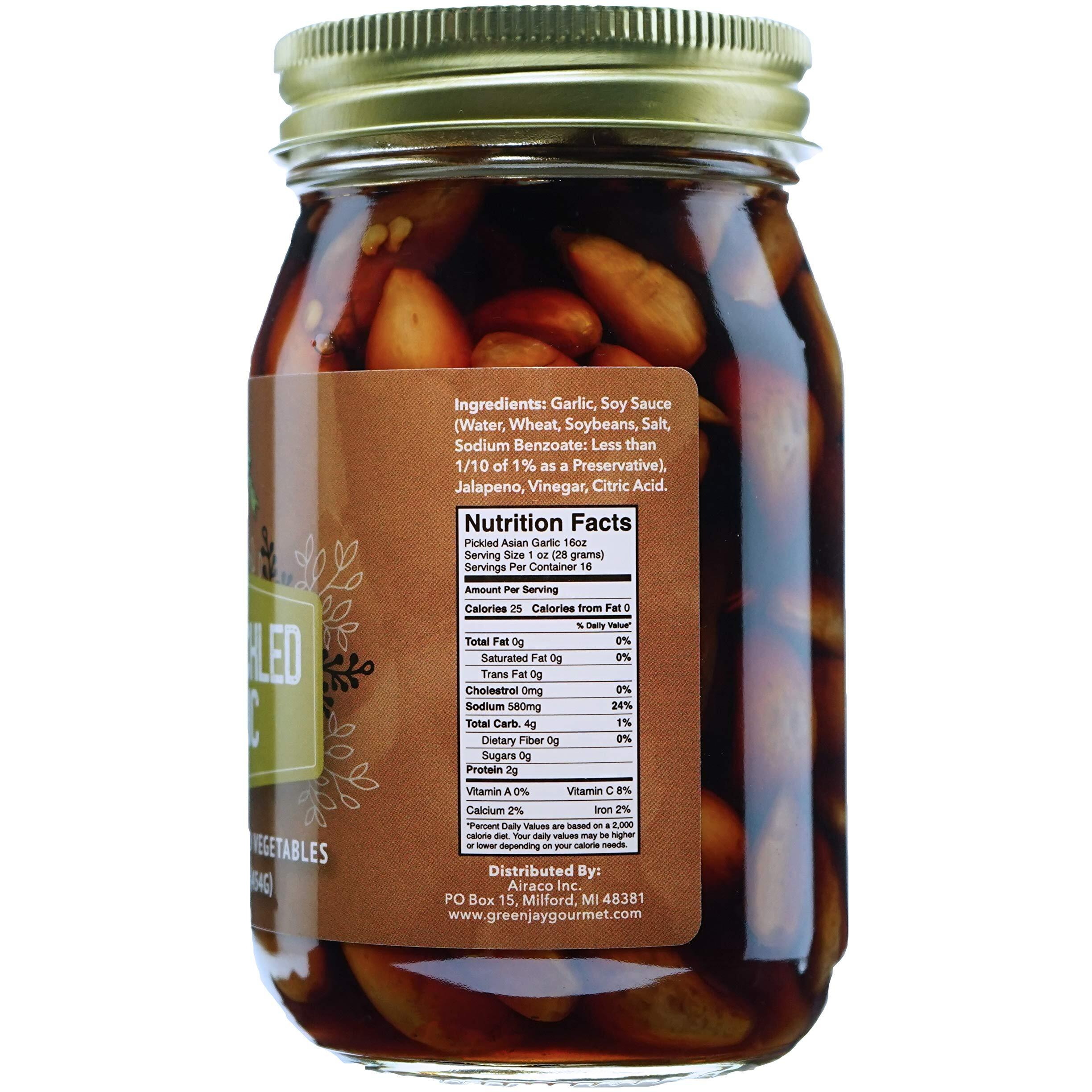 Green Jay Gourmet Pickled Garlic Cloves In A Jar - Asian Pickled Garlic - Fresh Garlic Bulbs For Cooking - Natural Ingredients - Freshly Made - Subtly Infused, Pre-Prepared Garlic - 16 Ounce Jar