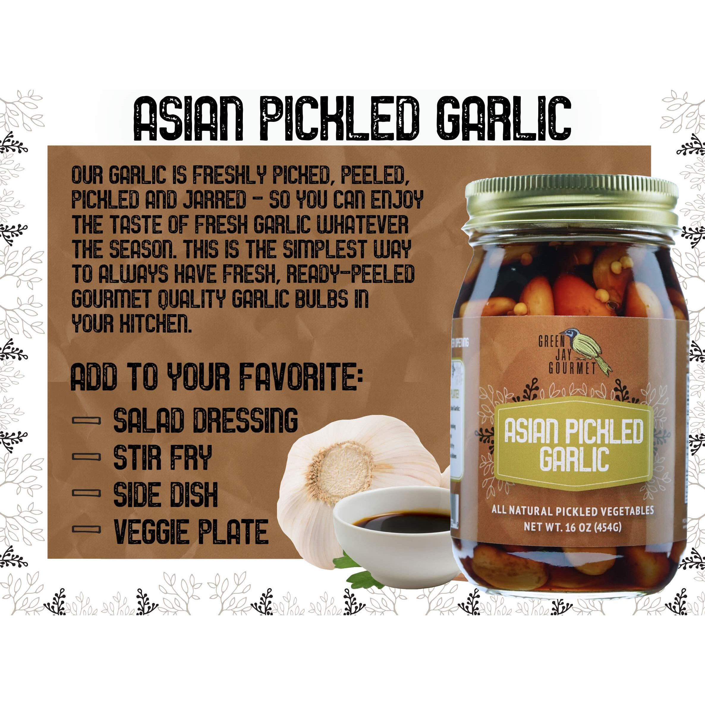 Green Jay Gourmet Pickled Garlic Cloves In A Jar - Asian Pickled Garlic - Fresh Garlic Bulbs For Cooking - Natural Ingredients - Freshly Made - Subtly Infused, Pre-Prepared Garlic - 16 Ounce Jar