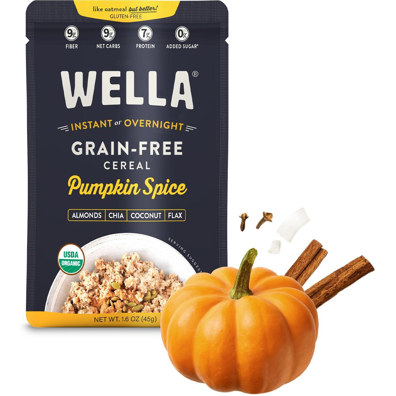 Wella Cereal Oatmeal Alternative, Gluten-Free Breakfast Hot Cereal, Grain-Free Paleo Organic Vegan High Protein Superfood, Plant-Based Non-Gmo, Low In Net Carbs, Single-Serve Packets, Pumpkin Spice Flavor (10 Count, 1.6 Oz. Packets)