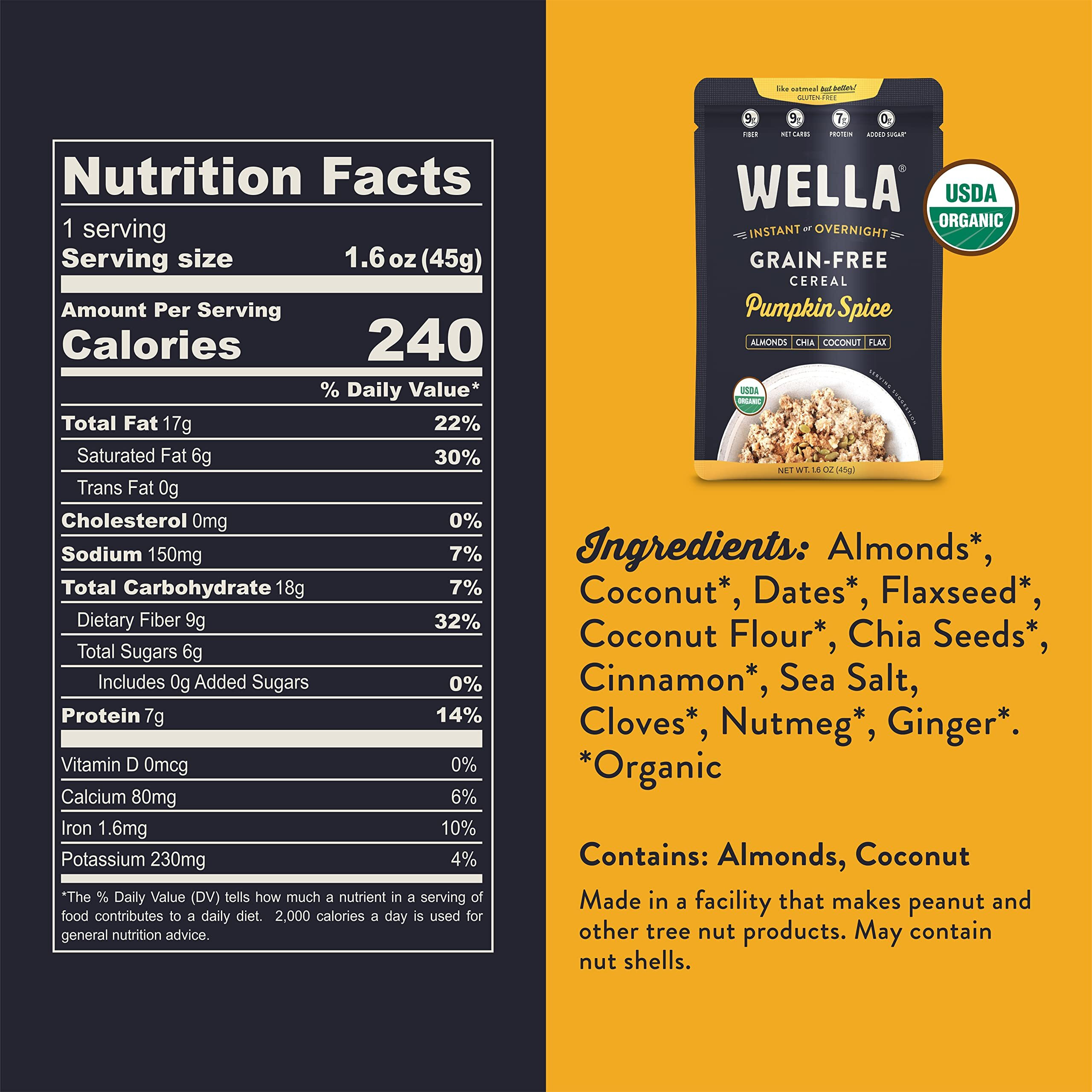 Wella Cereal Oatmeal Alternative, Gluten-Free Breakfast Hot Cereal, Grain-Free Paleo Organic Vegan High Protein Superfood, Plant-Based Non-Gmo, Low In Net Carbs, Single-Serve Packets, Pumpkin Spice Flavor (10 Count, 1.6 Oz. Packets)