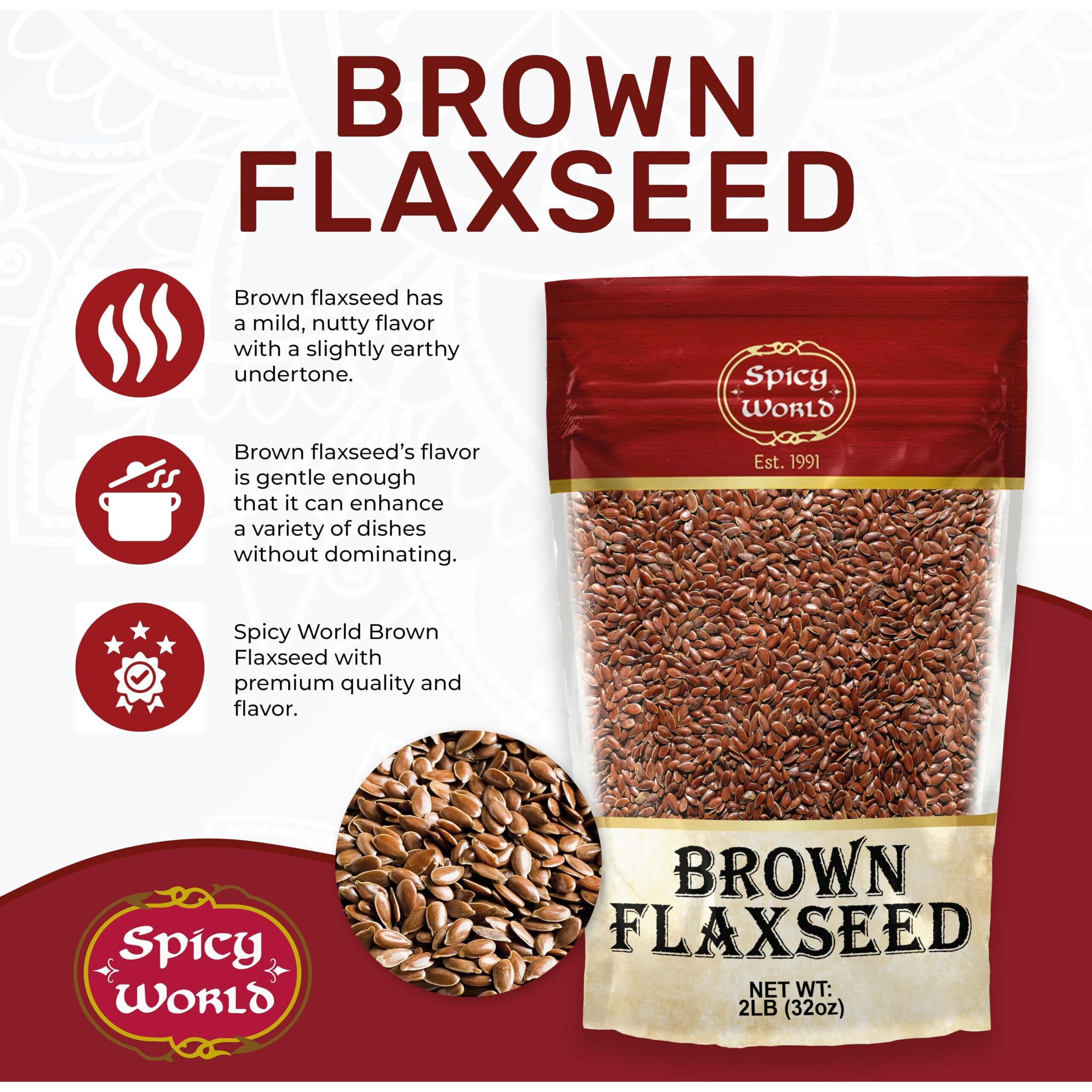 Spicy World Brown Flaxseed 2 Lb Bag - Non-Gmo, Whole, High In Fiber & Omega-3, Keto Friendly Baking, 32Oz