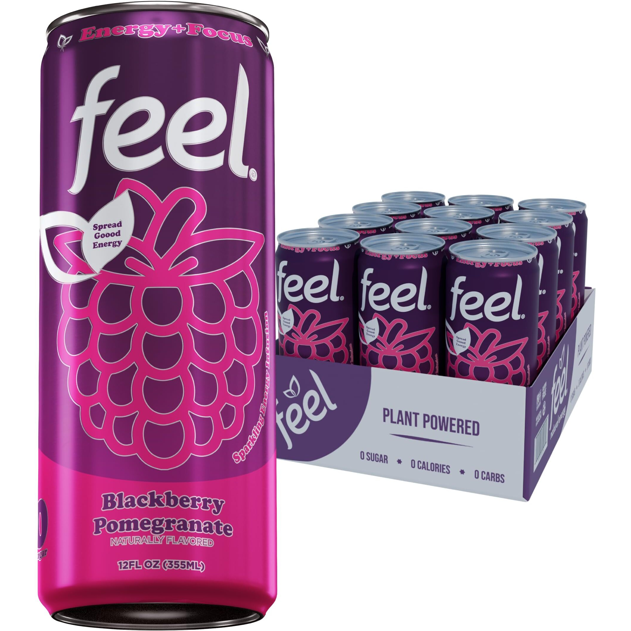 Feel Zero Sugar Natural Energy Drinks, Sparkling Blackberry Pomegranate - Healthy Energy Drinks, L-Theanine For Focus, Vitamin C, Caffeine From Green Coffee Beans, 12 Fl Oz (Pack Of 12)