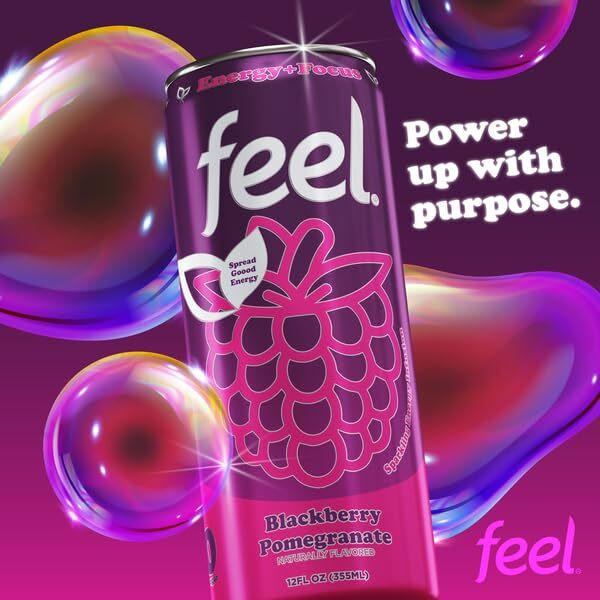 Feel Zero Sugar Natural Energy Drinks, Sparkling Blackberry Pomegranate - Healthy Energy Drinks, L-Theanine For Focus, Vitamin C, Caffeine From Green Coffee Beans, 12 Fl Oz (Pack Of 12)