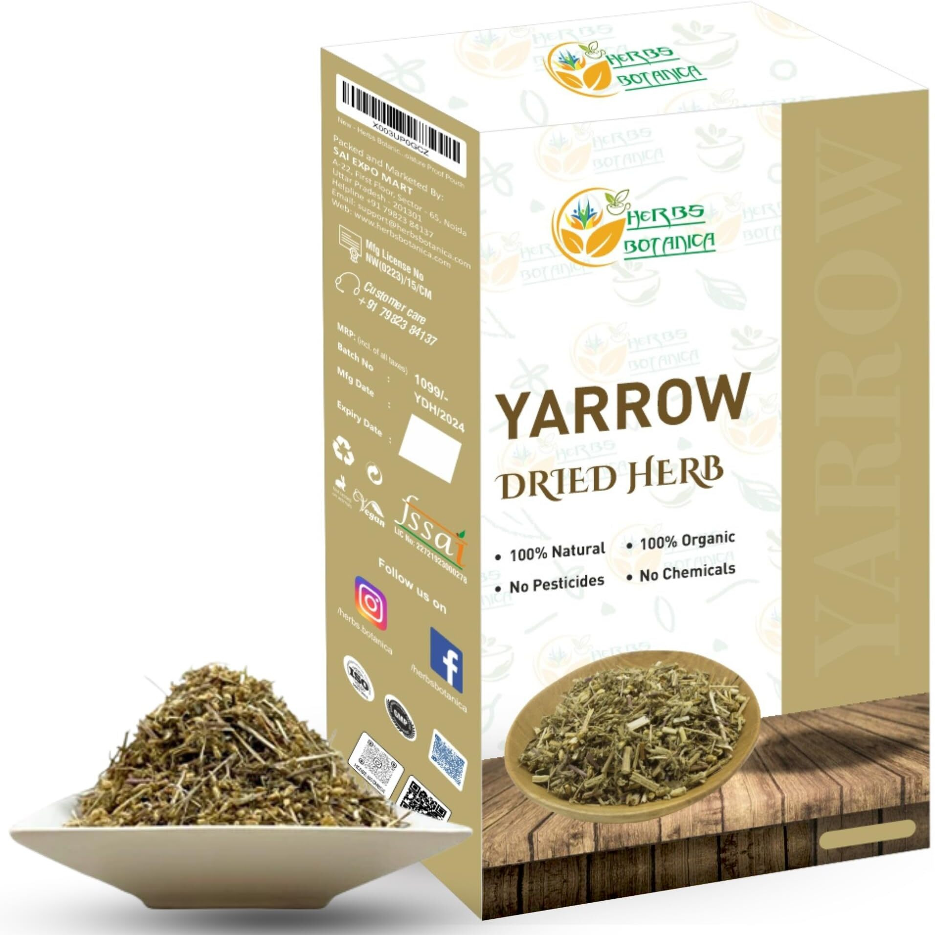 Herbs Botanica Yarrow Herb Dried For Tea, Achillea Millefolium Loose Leaf & Flower For Tincture, Skincare Organic Resealable Double Moisture Proof Pouch 4 Oz