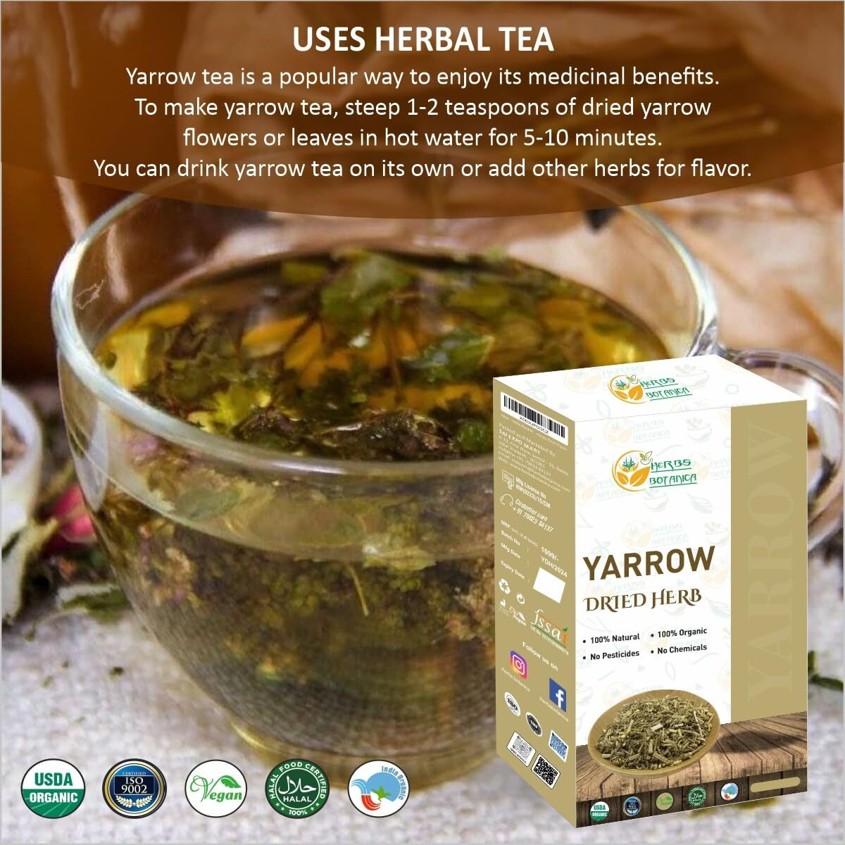 Herbs Botanica Yarrow Herb Dried For Tea, Achillea Millefolium Loose Leaf & Flower For Tincture, Skincare Organic Resealable Double Moisture Proof Pouch 4 Oz