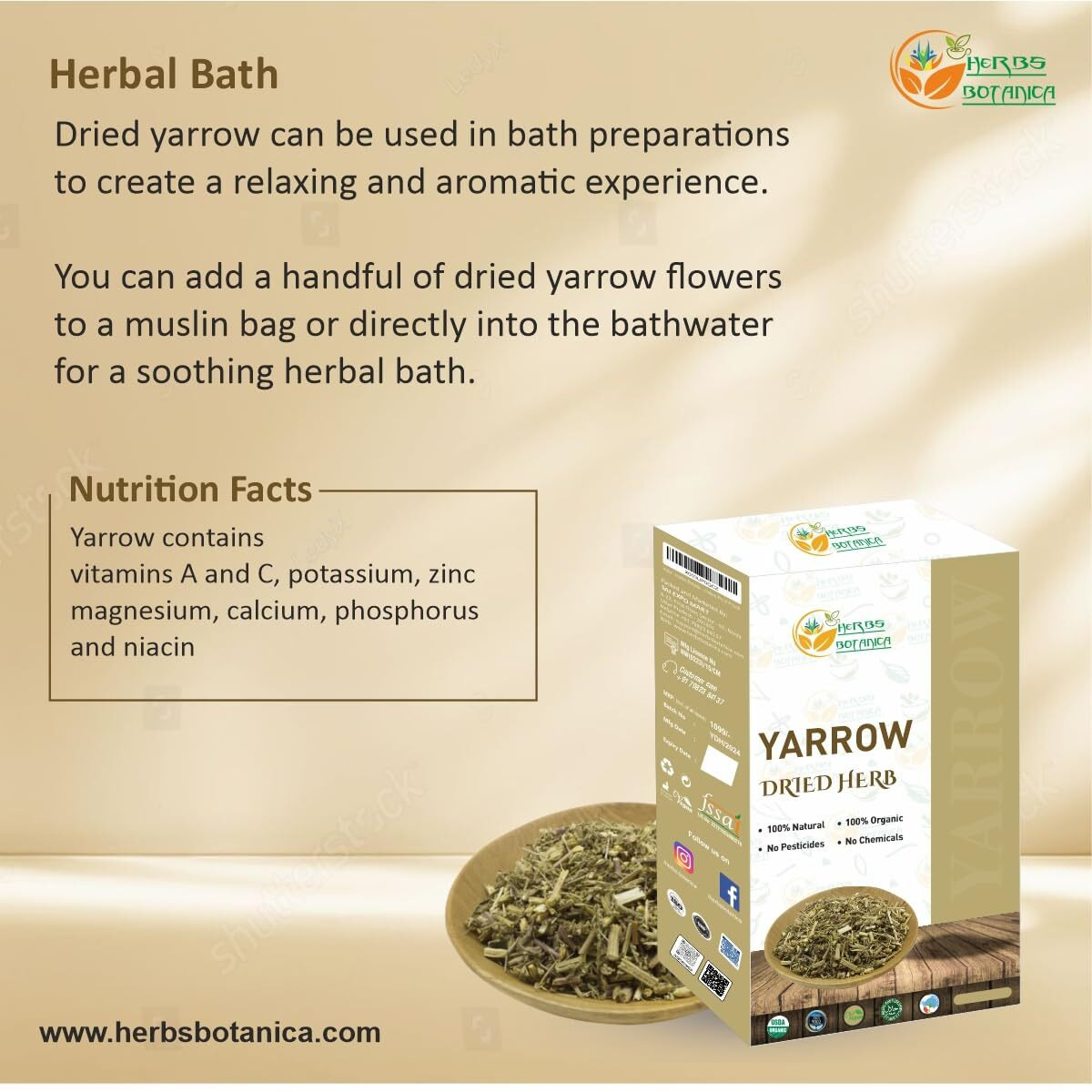 Herbs Botanica Yarrow Herb Dried For Tea, Achillea Millefolium Loose Leaf & Flower For Tincture, Skincare Organic Resealable Double Moisture Proof Pouch 4 Oz