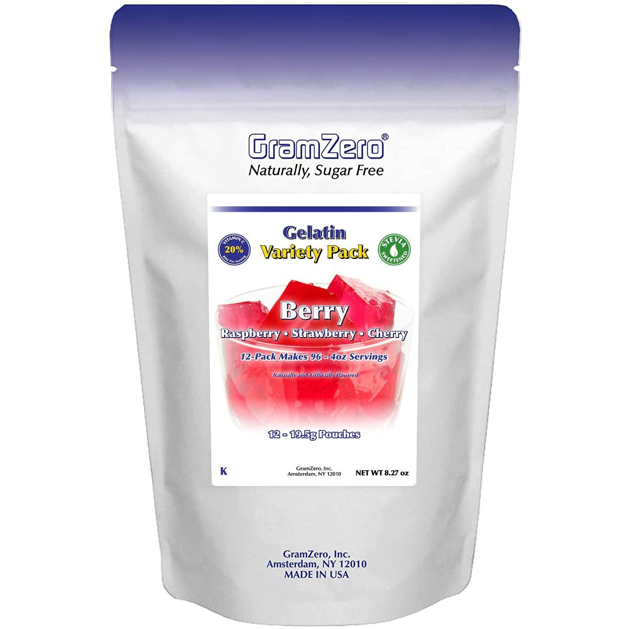 Gramzero Berry Variety (Raspberry, Strawberry, Cherry) Sugar Free Gelatin Mix 12-Pack, Zero Carb Dessert, Stevia Sweetened