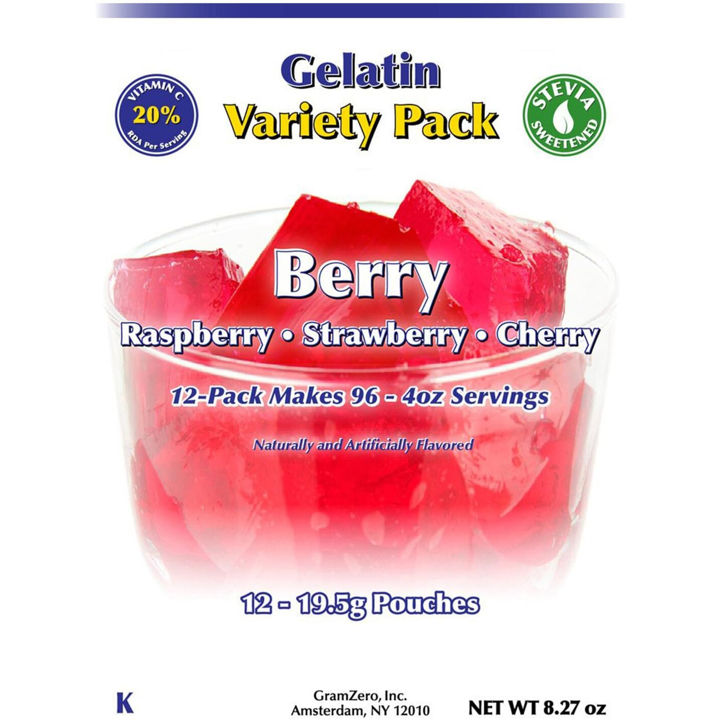 Gramzero Berry Variety (Raspberry, Strawberry, Cherry) Sugar Free Gelatin Mix 12-Pack, Zero Carb Dessert, Stevia Sweetened