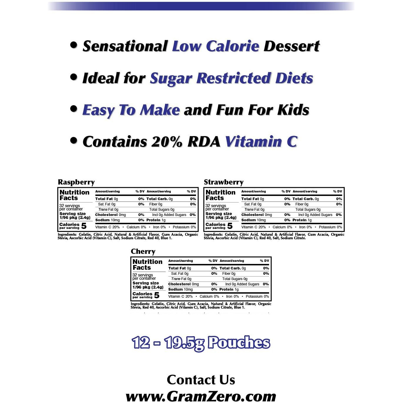 Gramzero Berry Variety (Raspberry, Strawberry, Cherry) Sugar Free Gelatin Mix 12-Pack, Zero Carb Dessert, Stevia Sweetened