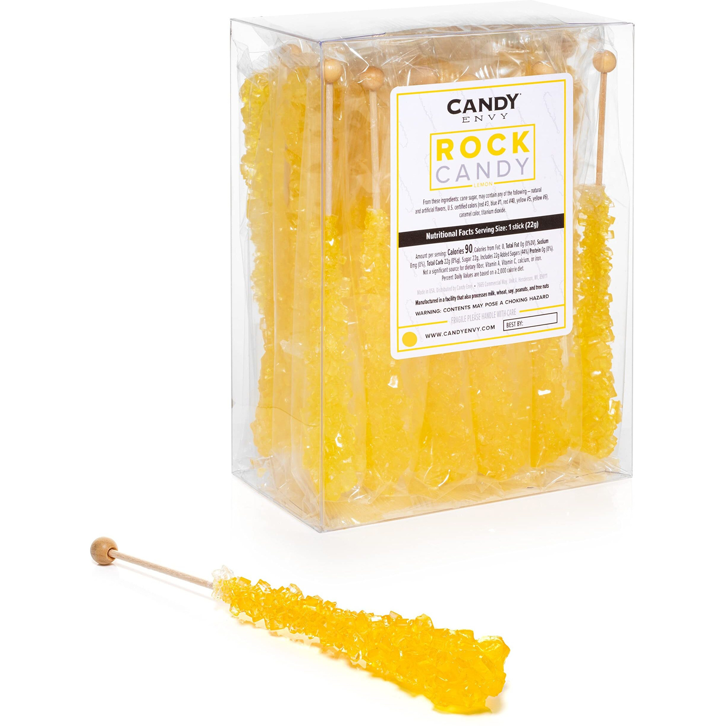 Candy Envy - Yellow Rock Candy Sugar Sticks - Lemon Flavored - 24 Indiv. Wrapped