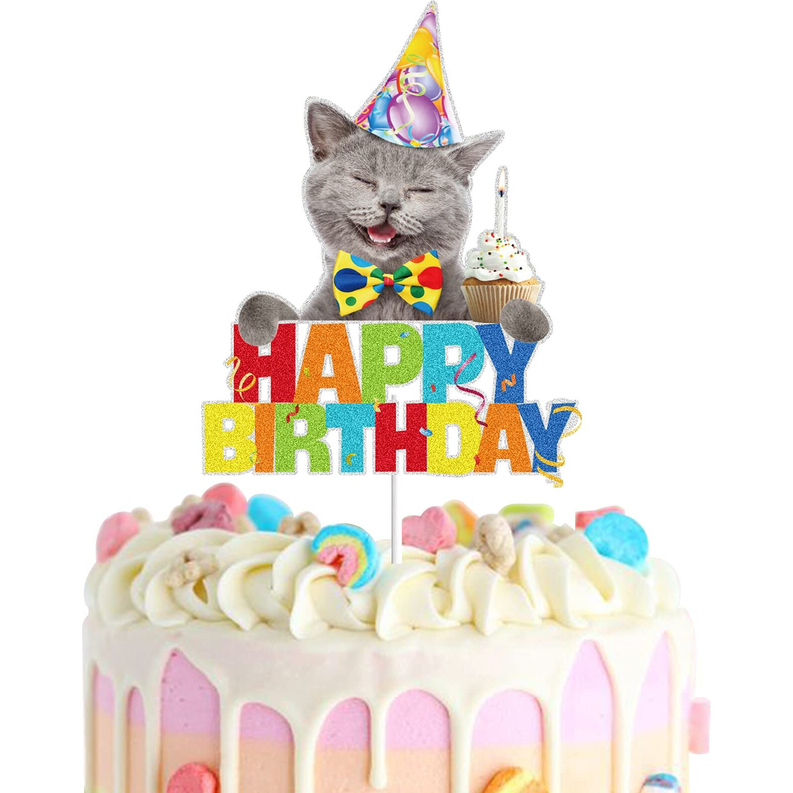 Cat Cartoon Happy Birthday Cake Topper Black Glitter For Pet Themed Bday Party Decoration Supplies