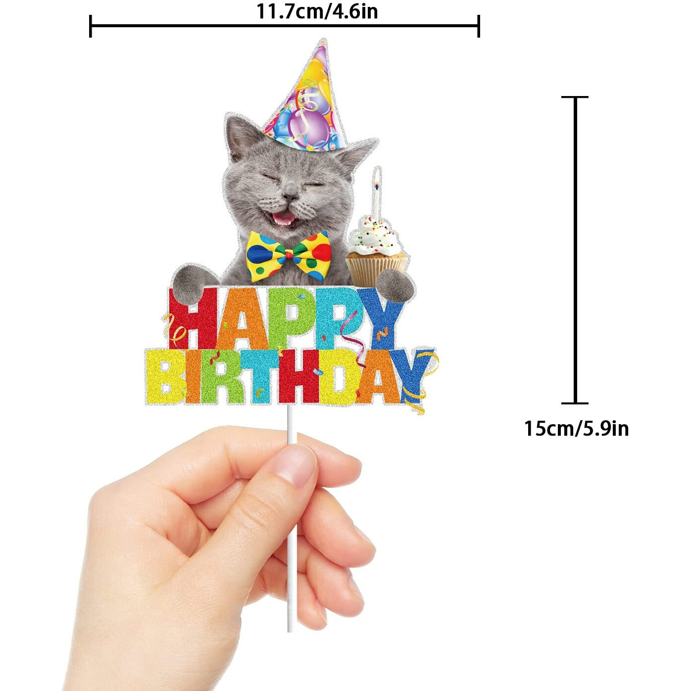 Cat Cartoon Happy Birthday Cake Topper Black Glitter For Pet Themed Bday Party Decoration Supplies