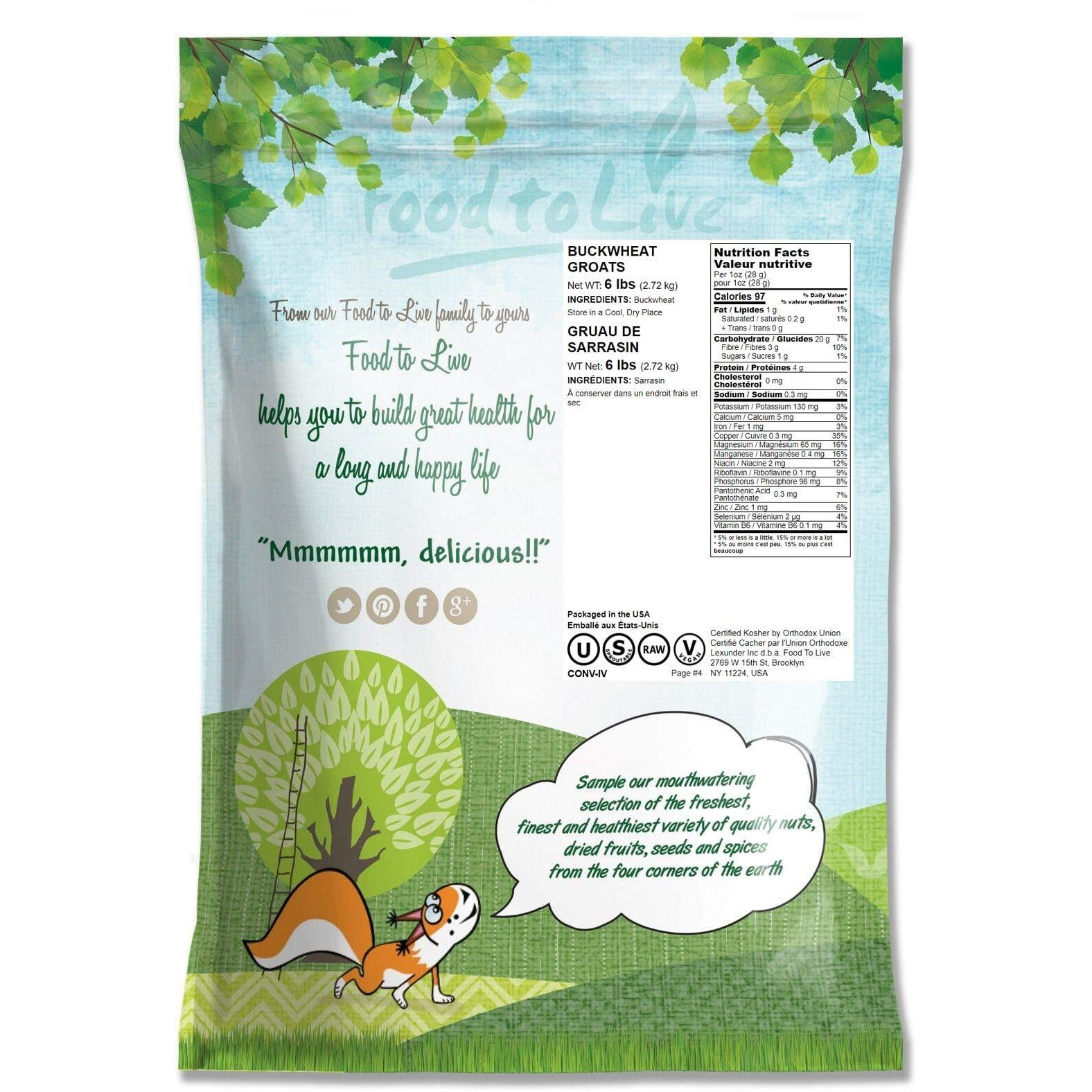 Food To Live Buckwheat Groats, 6 Pounds - Hulled Whole Grains, Raw, Kosher, Vegan, Sirtfood, Bulk, Good Source Of Dietary Fiber, Copper, Magnesium, Manganese, And Niacin