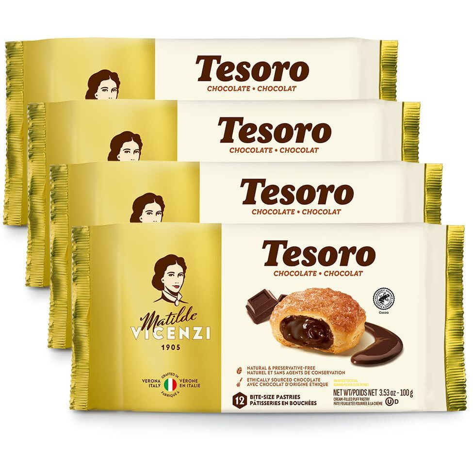 Tesoro Chocolate Filling By Pasticceria Matilde Vicenzi, Chocolate Cream Filled Puff Pastry Patisserie, Kosher Dairy, Made In Italy, 3.53Oz (100G), 4-Pack