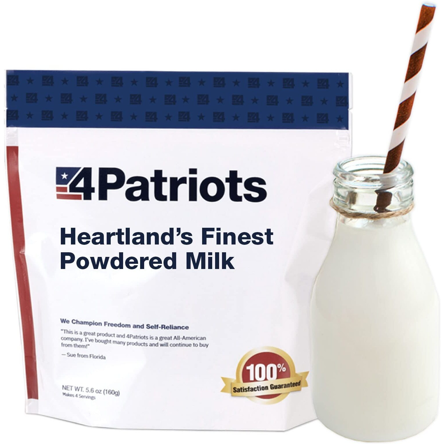 4Patriots Heartland's Finest Powdered Milk, Dehydrated Powdered Milk, Only Needs Water, Survival & Preparedness Milk, Great Source Of Vitamin D, Long-Lasting Shelf Life, Single Pouch - 8 Servings