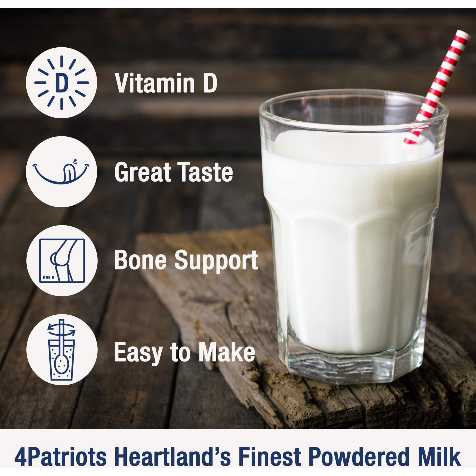 4Patriots Heartland's Finest Powdered Milk, Dehydrated Powdered Milk, Only Needs Water, Survival & Preparedness Milk, Great Source Of Vitamin D, Long-Lasting Shelf Life, Single Pouch - 8 Servings