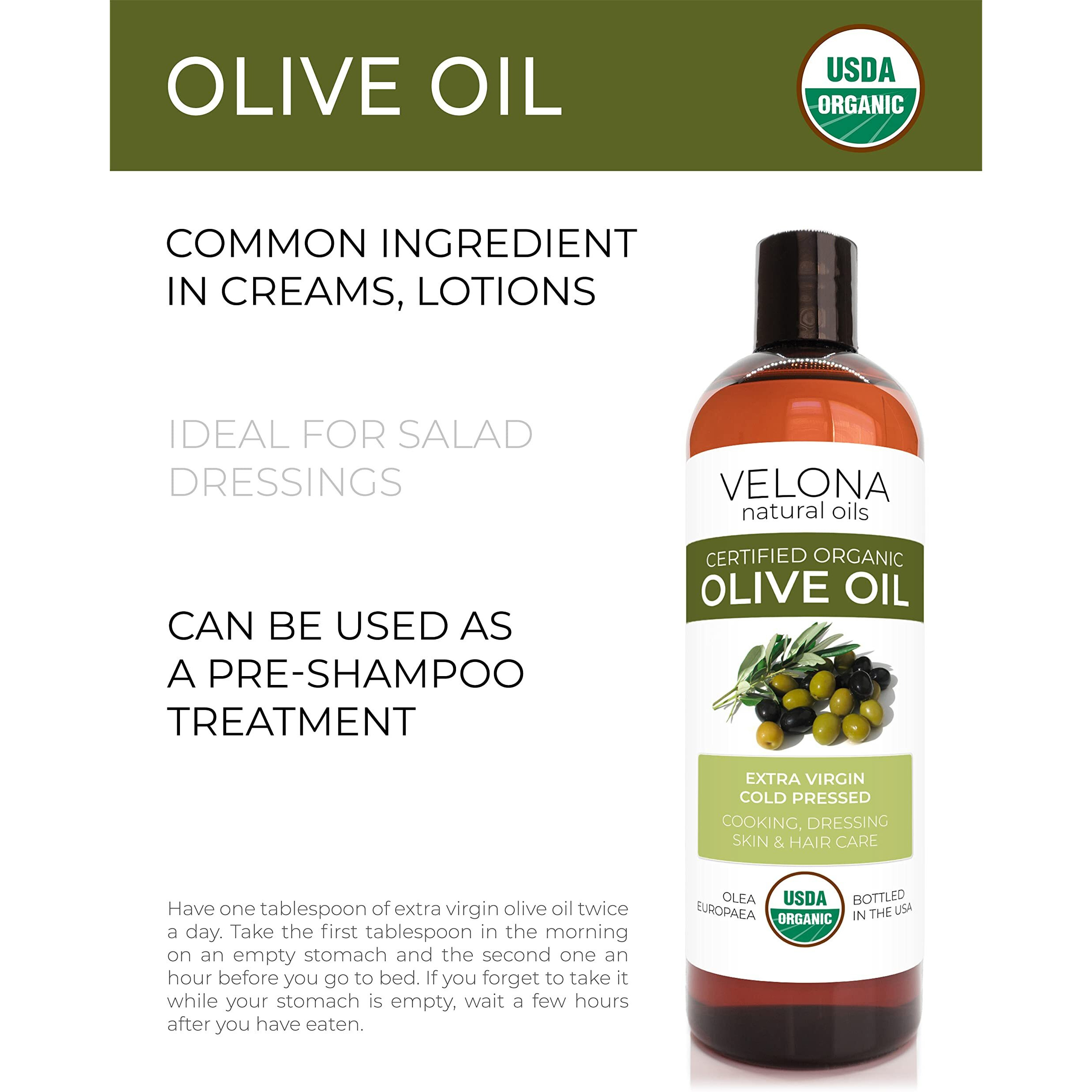 Velona Usda Certified Organic Olive Oil - 16 Fl Oz | 100% Pure And Natural Carrier Oil | Extra Virgin, Unrefined, Cold Pressed