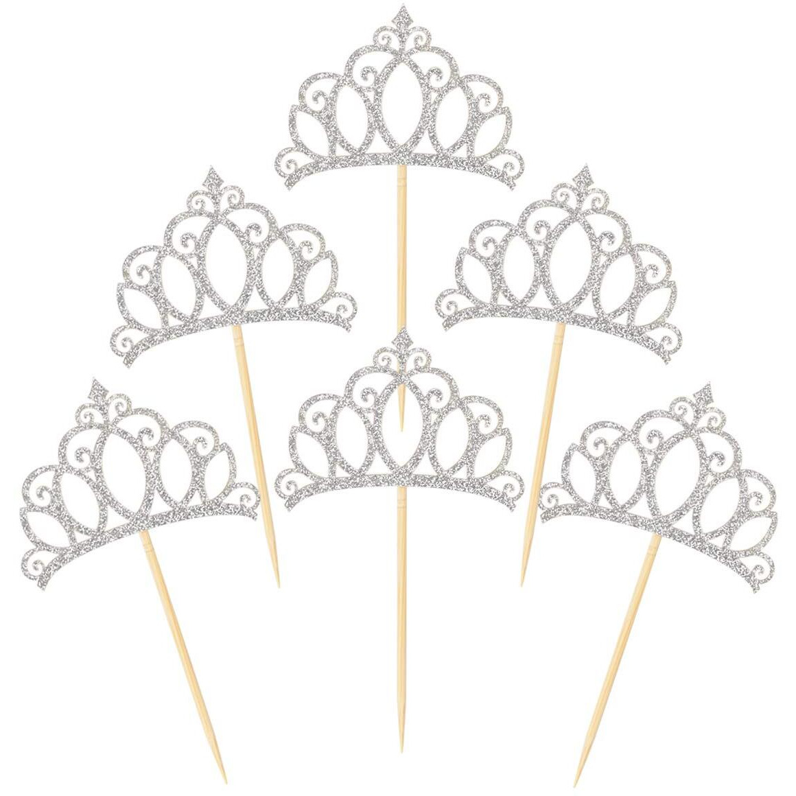 Donoter 48 Pieces Silver Glitter Princess Crown Cupcake Toppers Picks For Birthday Baby Shower Party Cake Decorations
