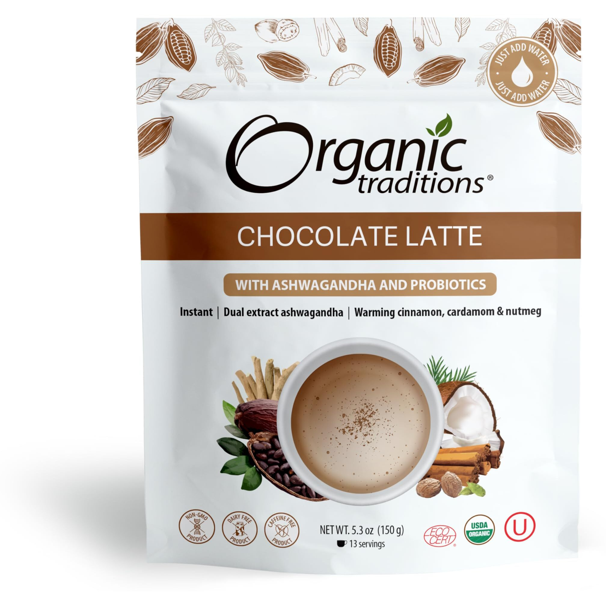 Organic Traditions Superfood Chocolate Latte With Ashwagandha | Superfood Caffeine Free Dairy Free Drink Mix For Hot And Iced Chocolate | 150G/5.3Oz Bag