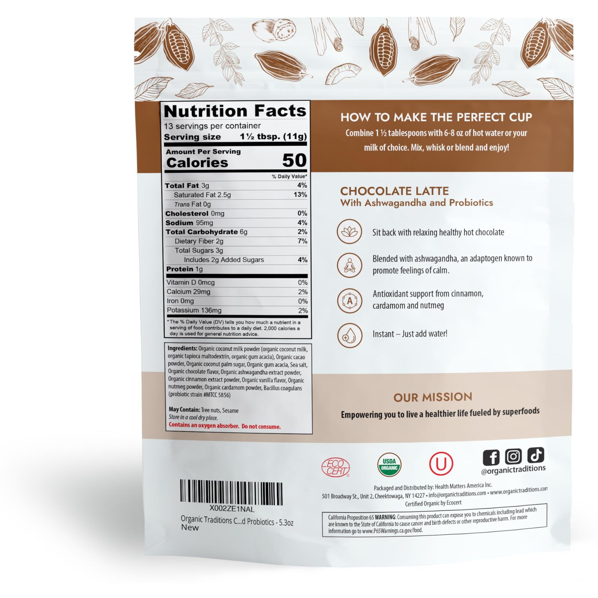 Organic Traditions Superfood Chocolate Latte With Ashwagandha | Superfood Caffeine Free Dairy Free Drink Mix For Hot And Iced Chocolate | 150G/5.3Oz Bag