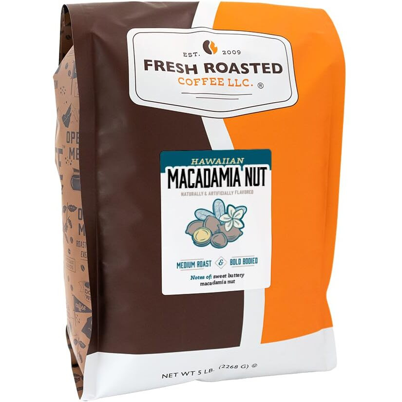 Fresh Roasted Coffee, Hawaiian Macadamia Nut Flavored Coffee, 5Lb, Medium Roast, Kosher, Ground