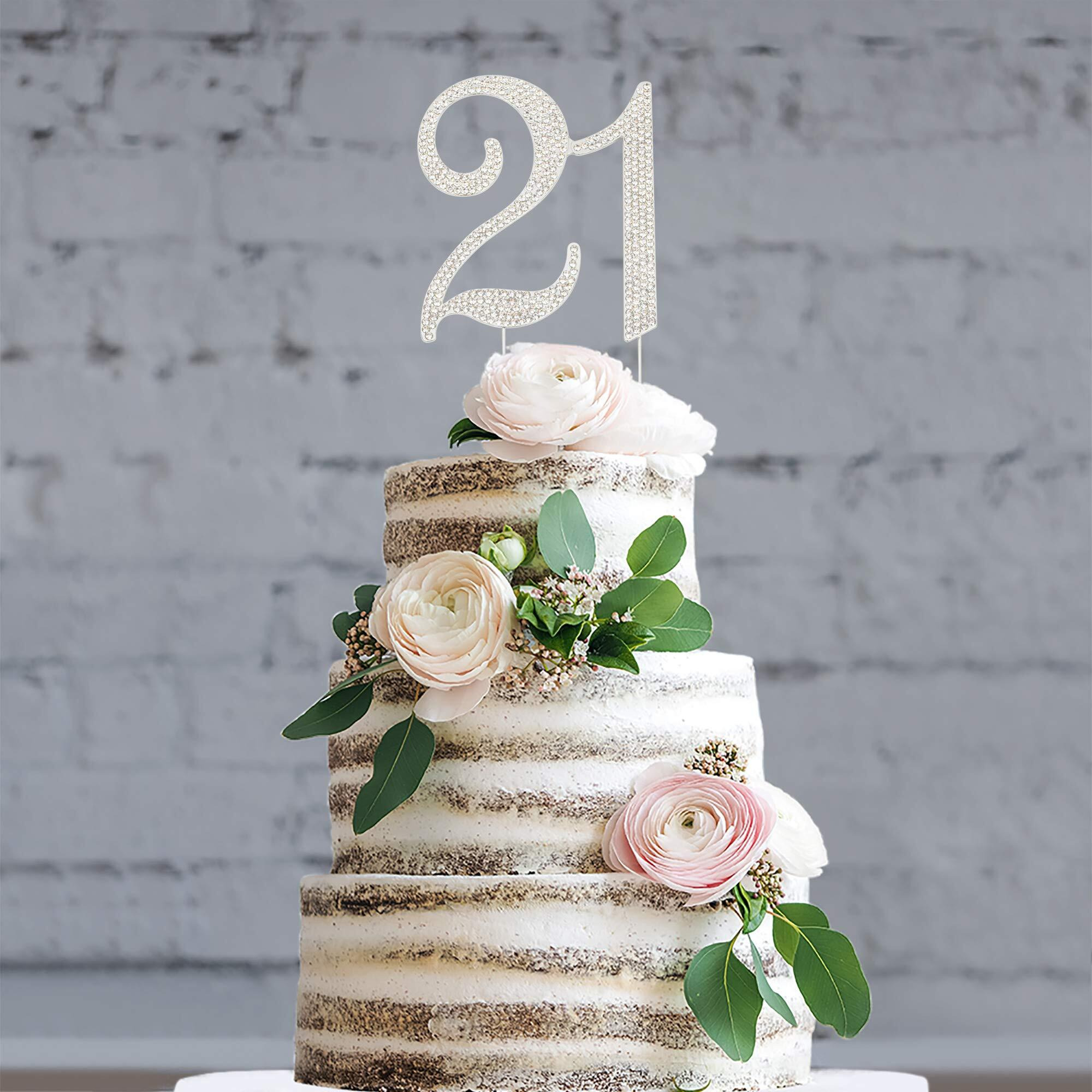 21 Cake Topper - Premium Silver Metal - 21St Birthday Party Sparkly Rhinestone Decoration Makes A Great Centerpiece - Now Protected In A Box