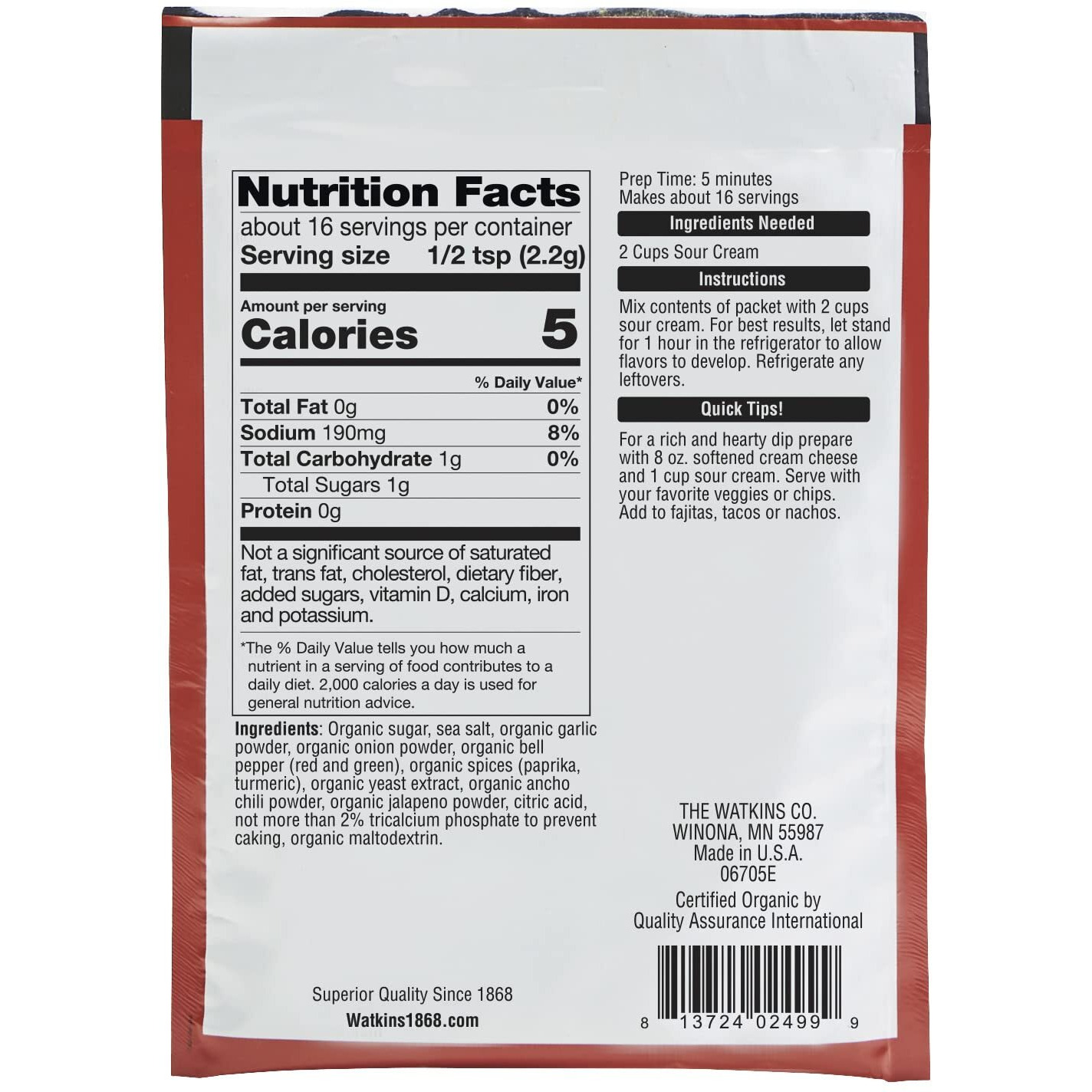 Watkins Organic Gourmet Dip Mix, Salsa & Sour Cream, 1.23 Oz. Packets, 12-Pack