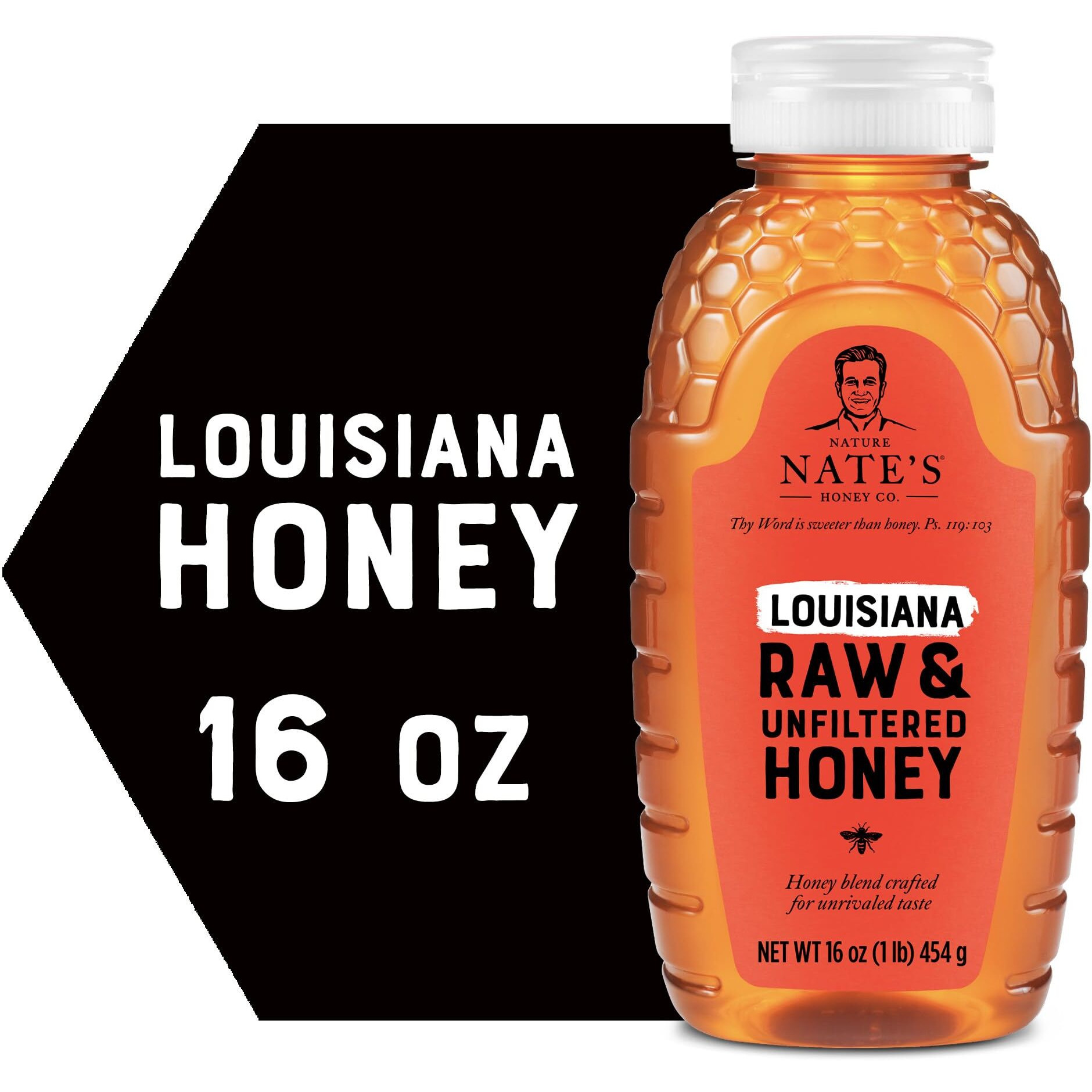 Nate's Louisiana 100% Pure, Raw & Unfiltered Honey - 16 Oz. Squeeze Bottle - All-Natural Sweetener