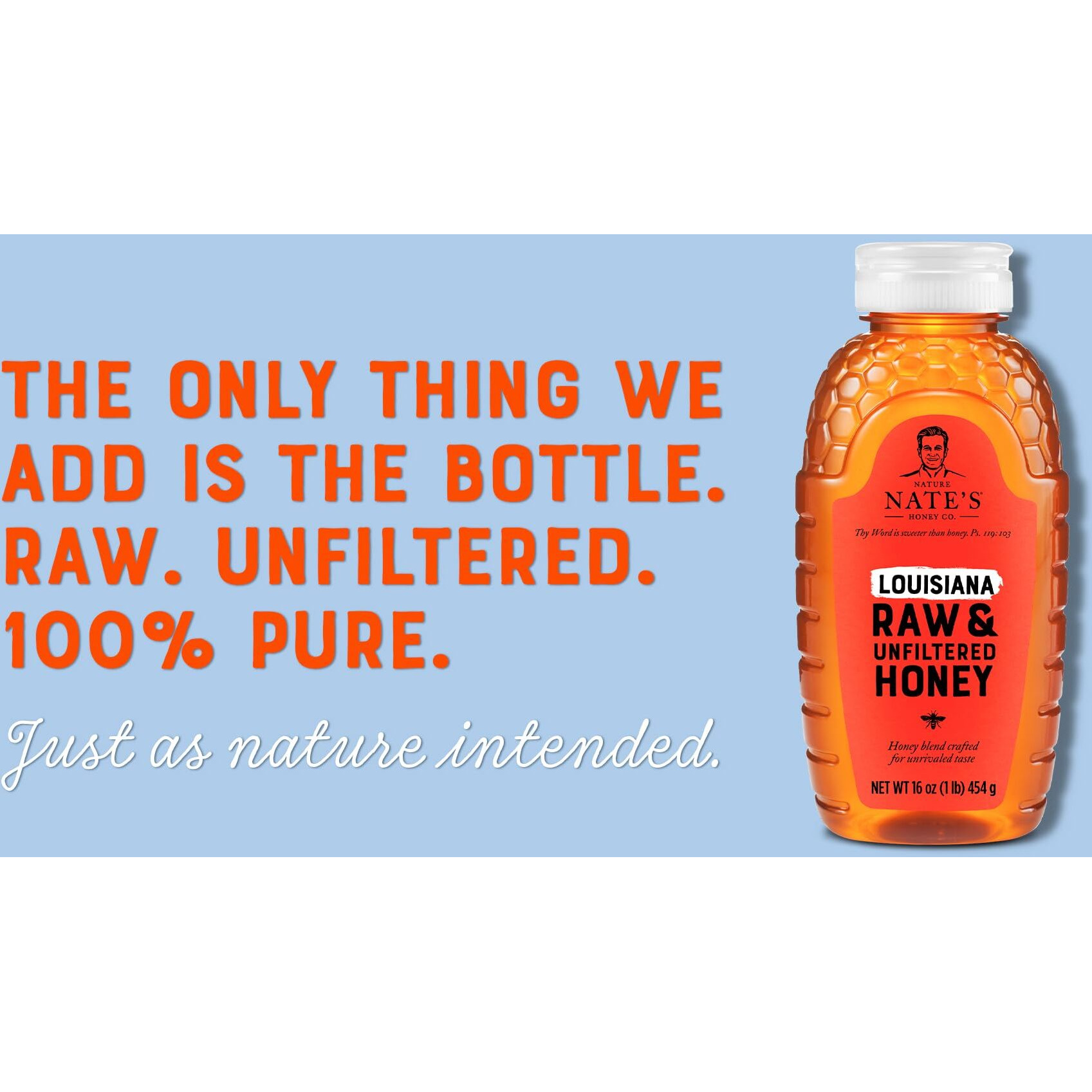 Nate's Louisiana 100% Pure, Raw & Unfiltered Honey - 16 Oz. Squeeze Bottle - All-Natural Sweetener