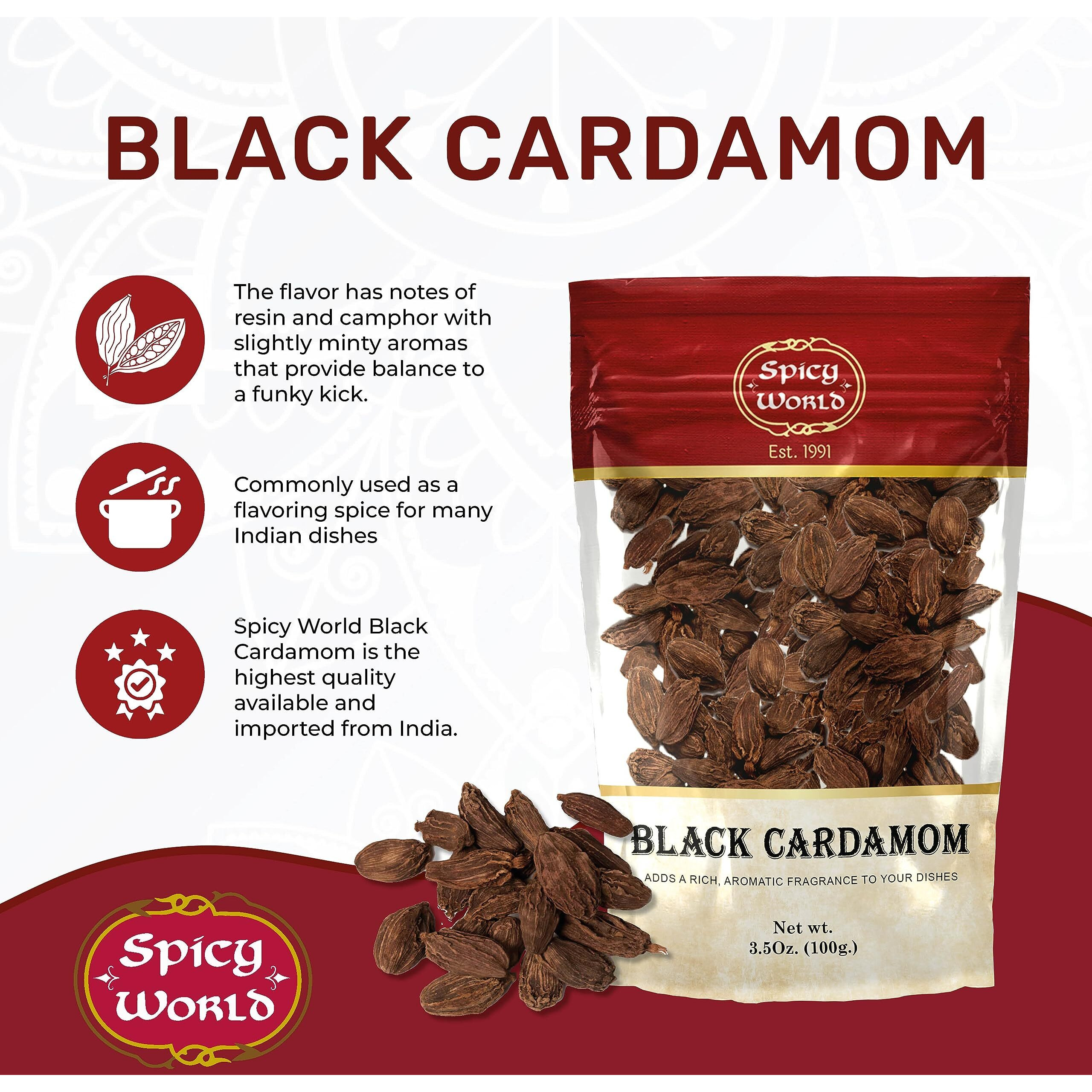 Black Cardamom Pods 3.5 Oz Bag (100Gm) | Whole Kali Elaichi Indian Spice By Spicy World