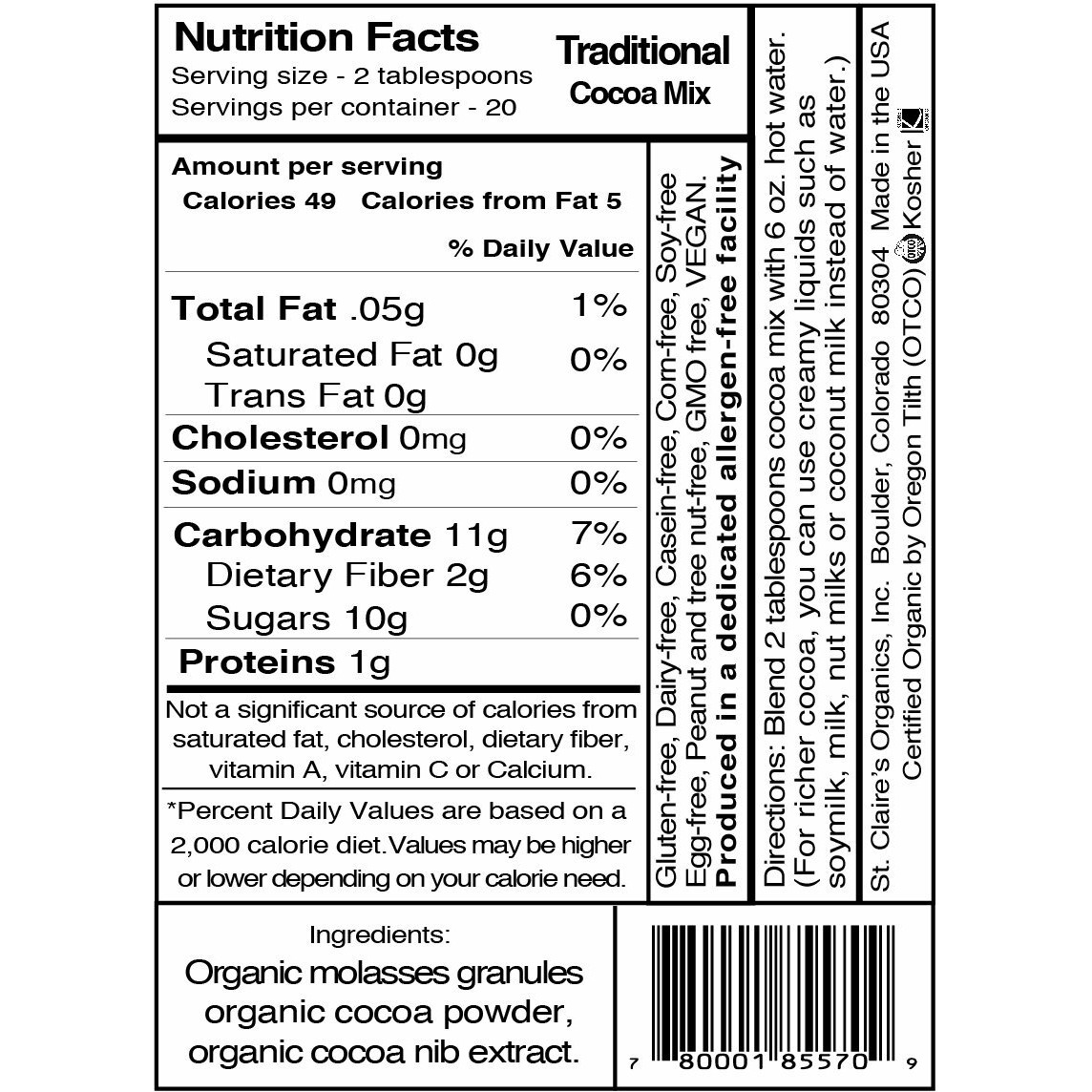 St. Claire's Organic Gourmet Hot Cocoa, (Traditional, 12 Ounce Bag, 20 Servings) | Allergen-Free, Vegan, Gmo-Free, Gluten-Free | Made In Our Allergen-Free Facility