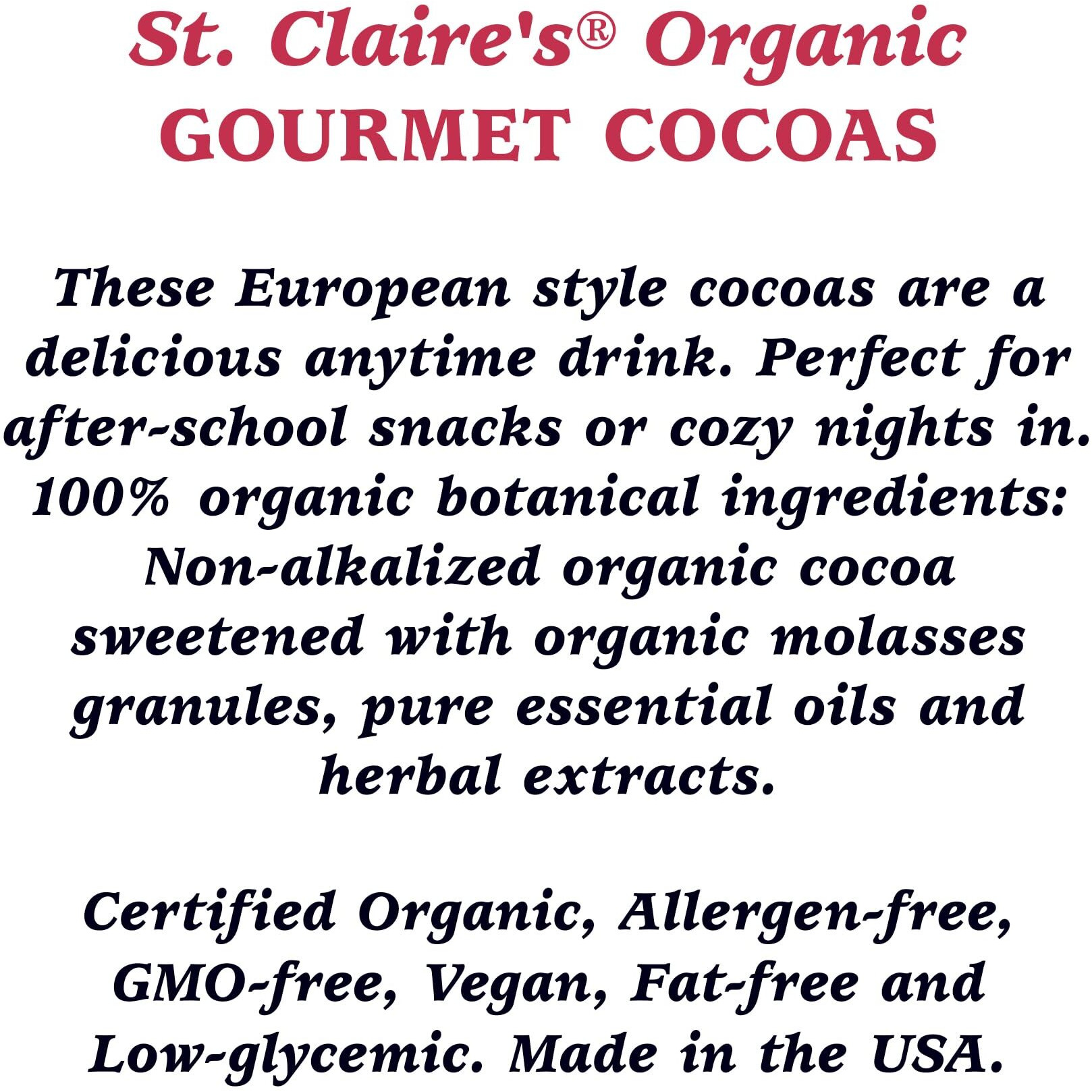 St. Claire's Organic Gourmet Hot Cocoa, (Traditional, 12 Ounce Bag, 20 Servings) | Allergen-Free, Vegan, Gmo-Free, Gluten-Free | Made In Our Allergen-Free Facility