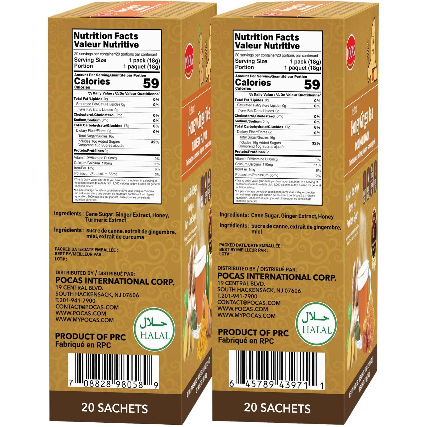 Pocas Honey Ginger Tea Variety Set - Instant Tea Powder Packets, Ginger Honey Crystals Tea, Original & Turmeric Flavors, Non-Gmo/Gluten Free/Caffeine Free Tea, 20 Count (Pack Of 2)